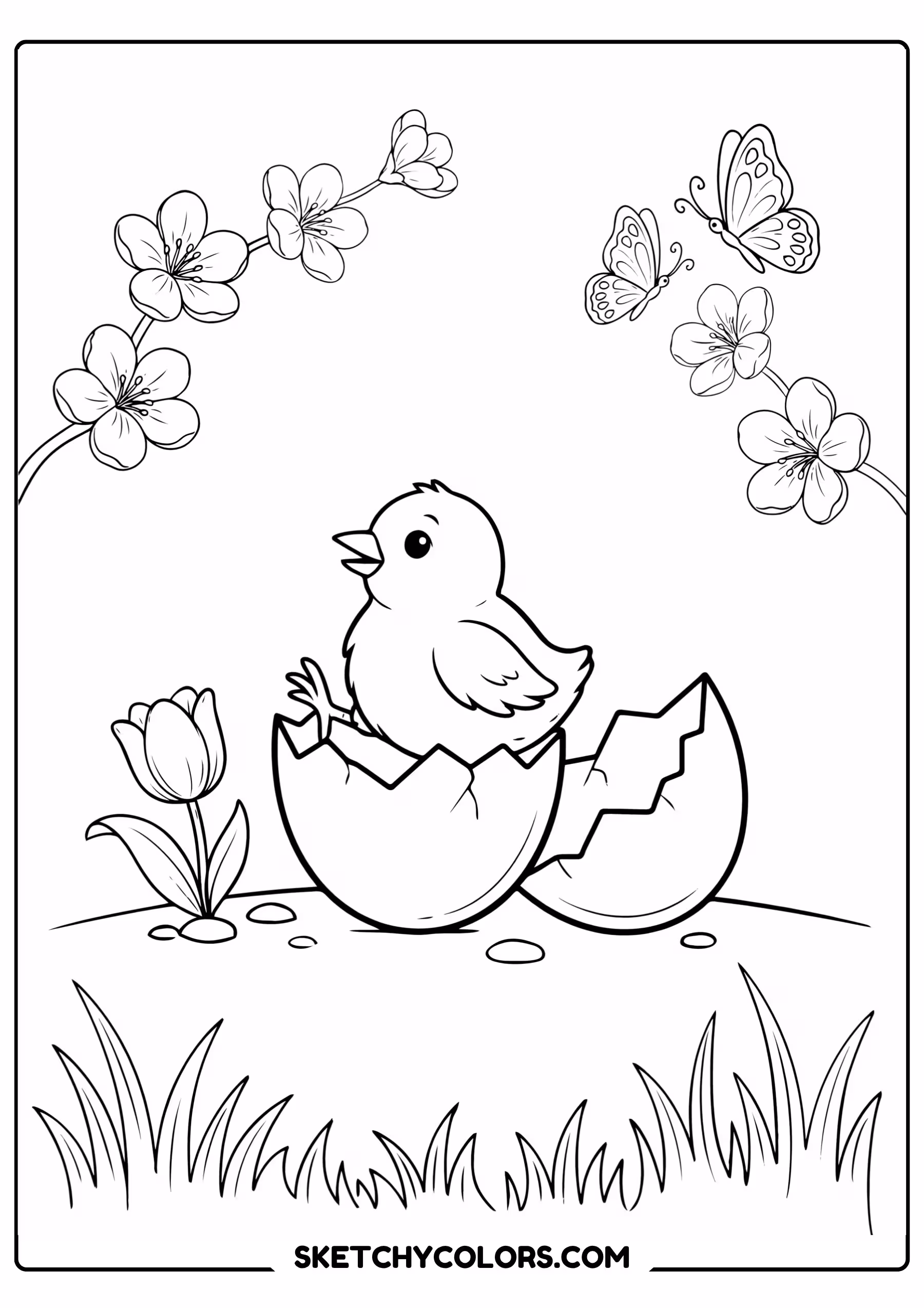 spring coloring page baby chick hatching egg blossoms free printable for kids