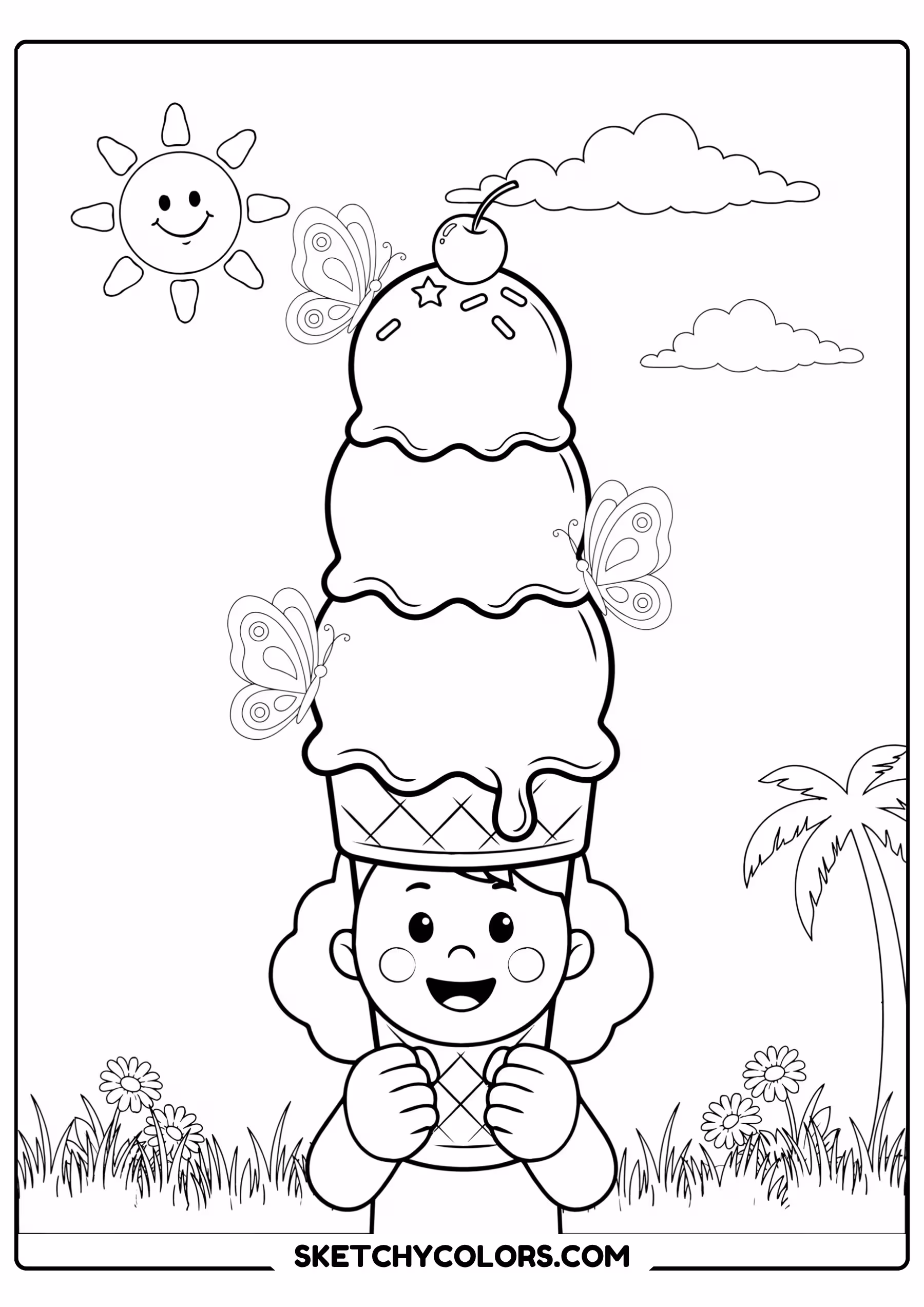 summer coloring page child ice cream cone scoops free printable for kids