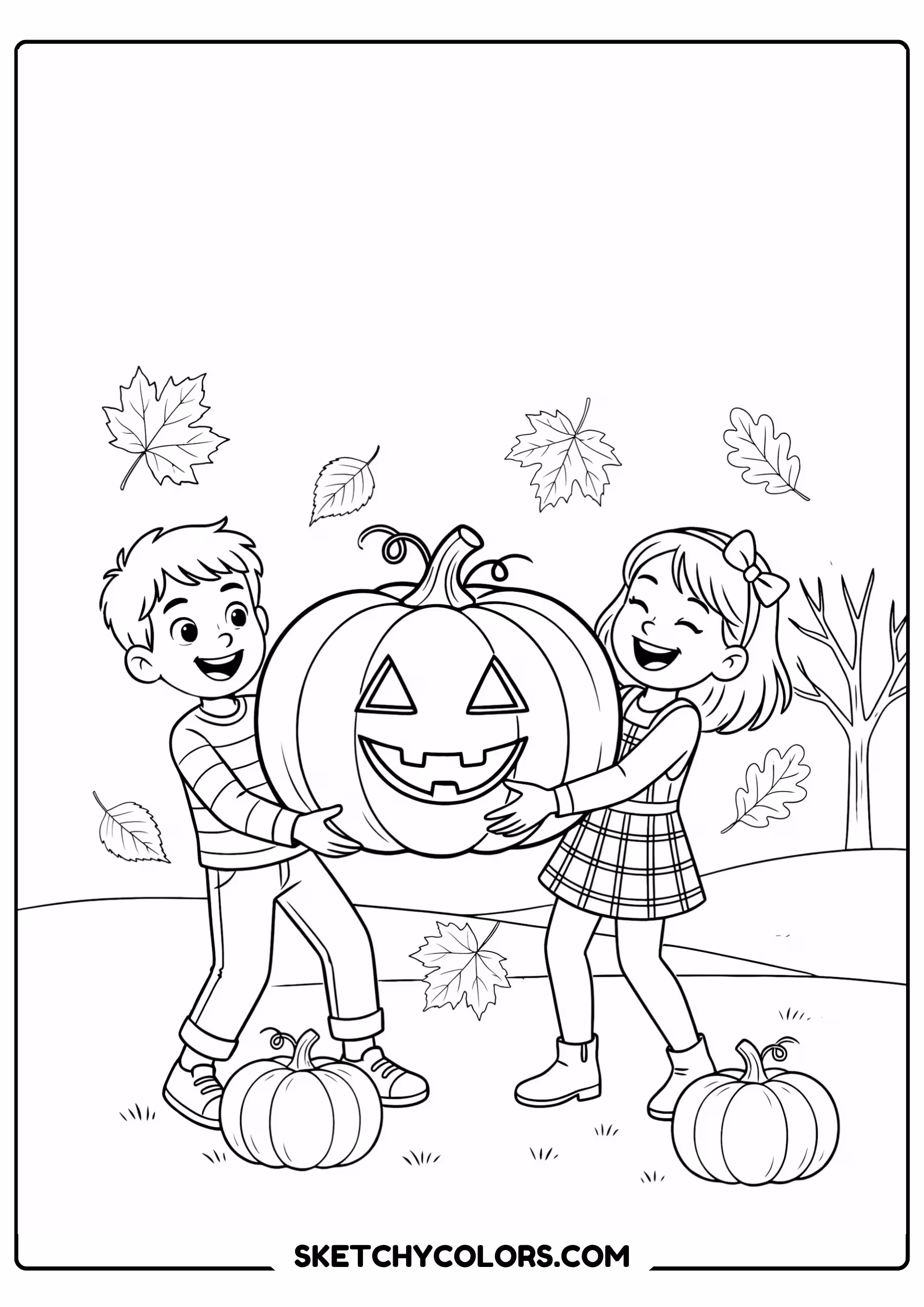 thanksgiving coloring page children carrying pumpkin free printable for kids