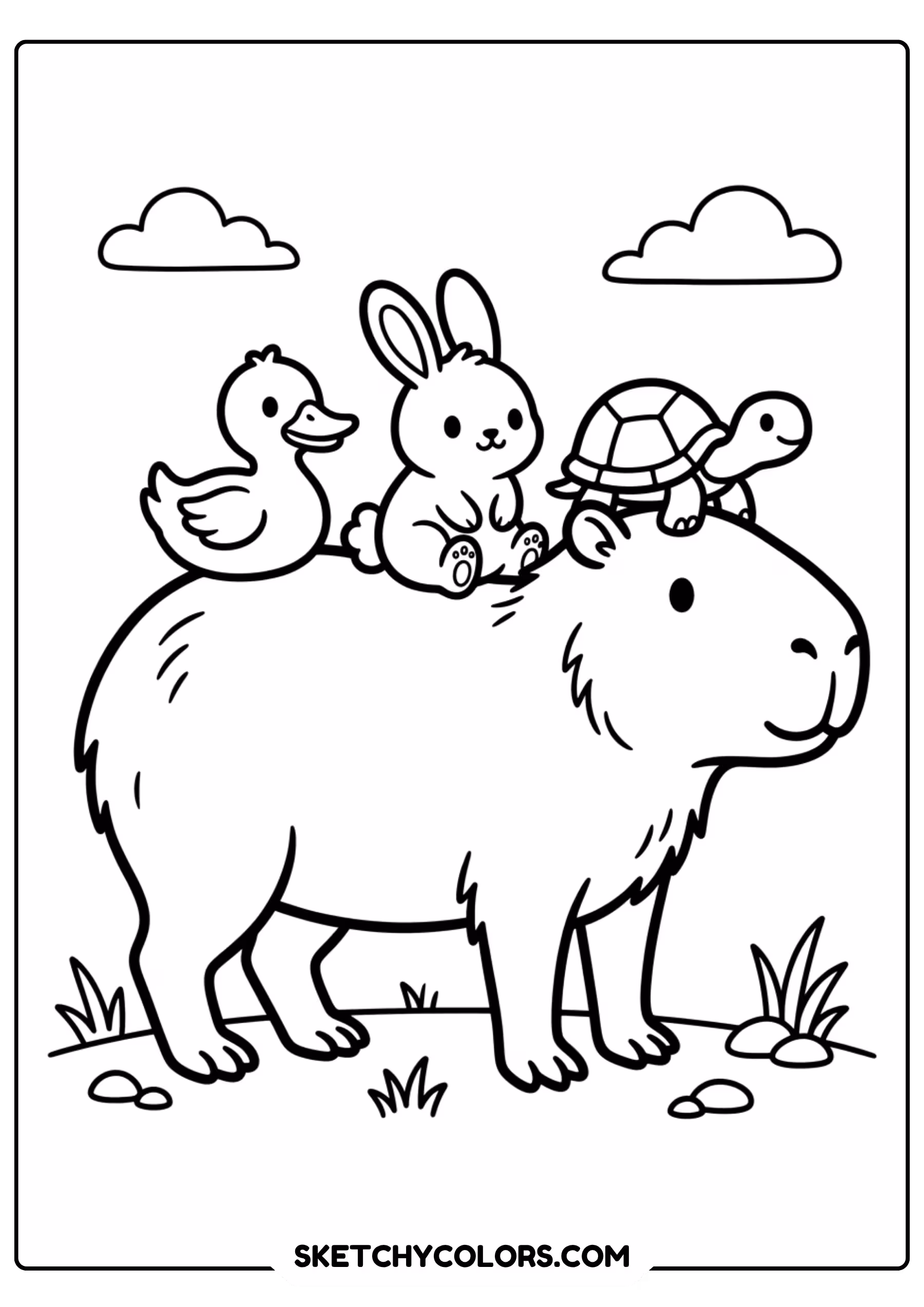 chibi capybara animal friends free printable coloring page for kids