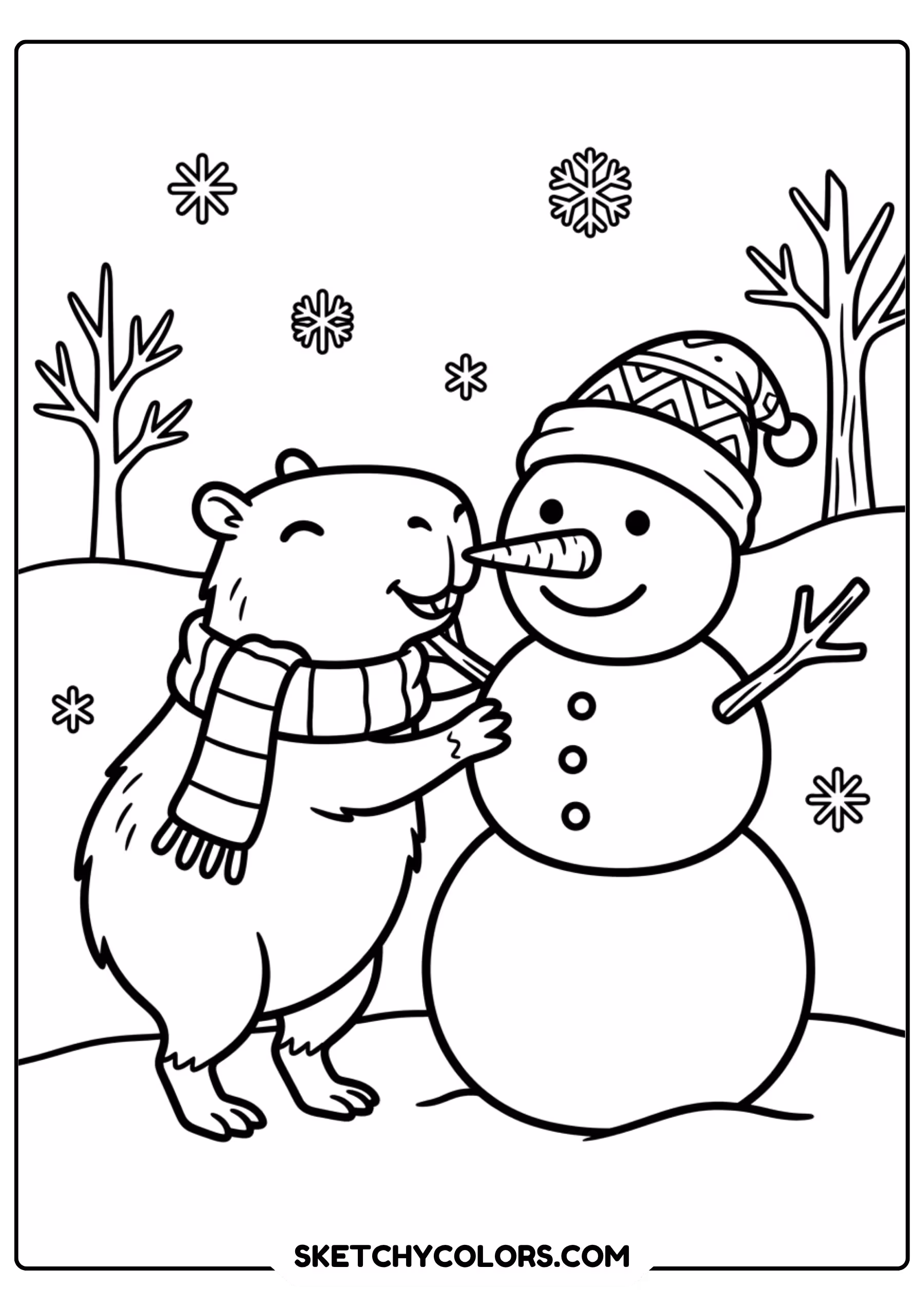 capybara building snowman free printable coloring page for kids