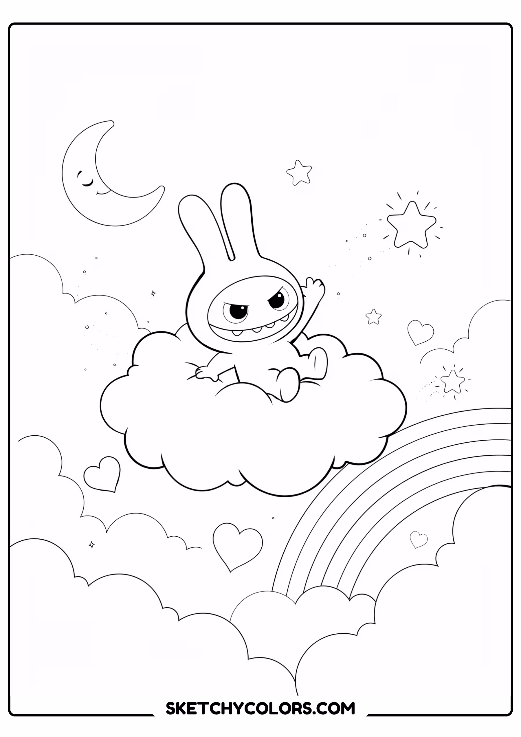 labubu on a cloud printable coloring sheet