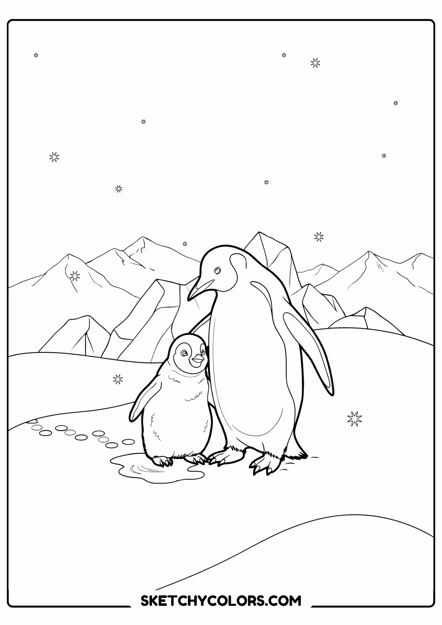 penguin mother penguin and baby chick printable coloring sheet