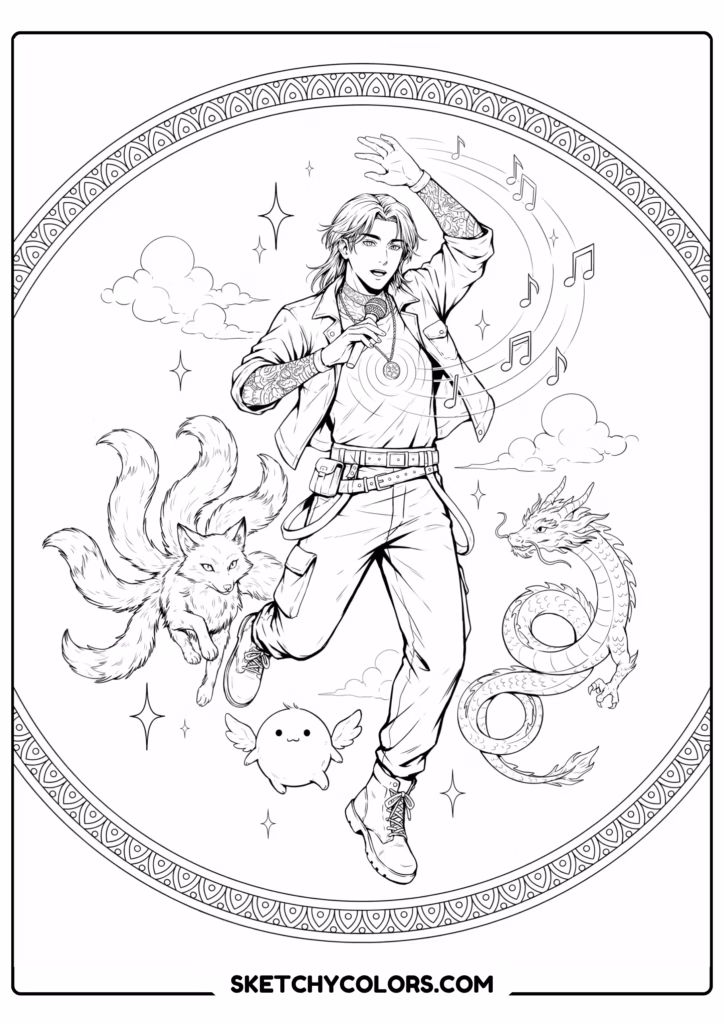 kpop demon hunters dance power s printable coloring sheet