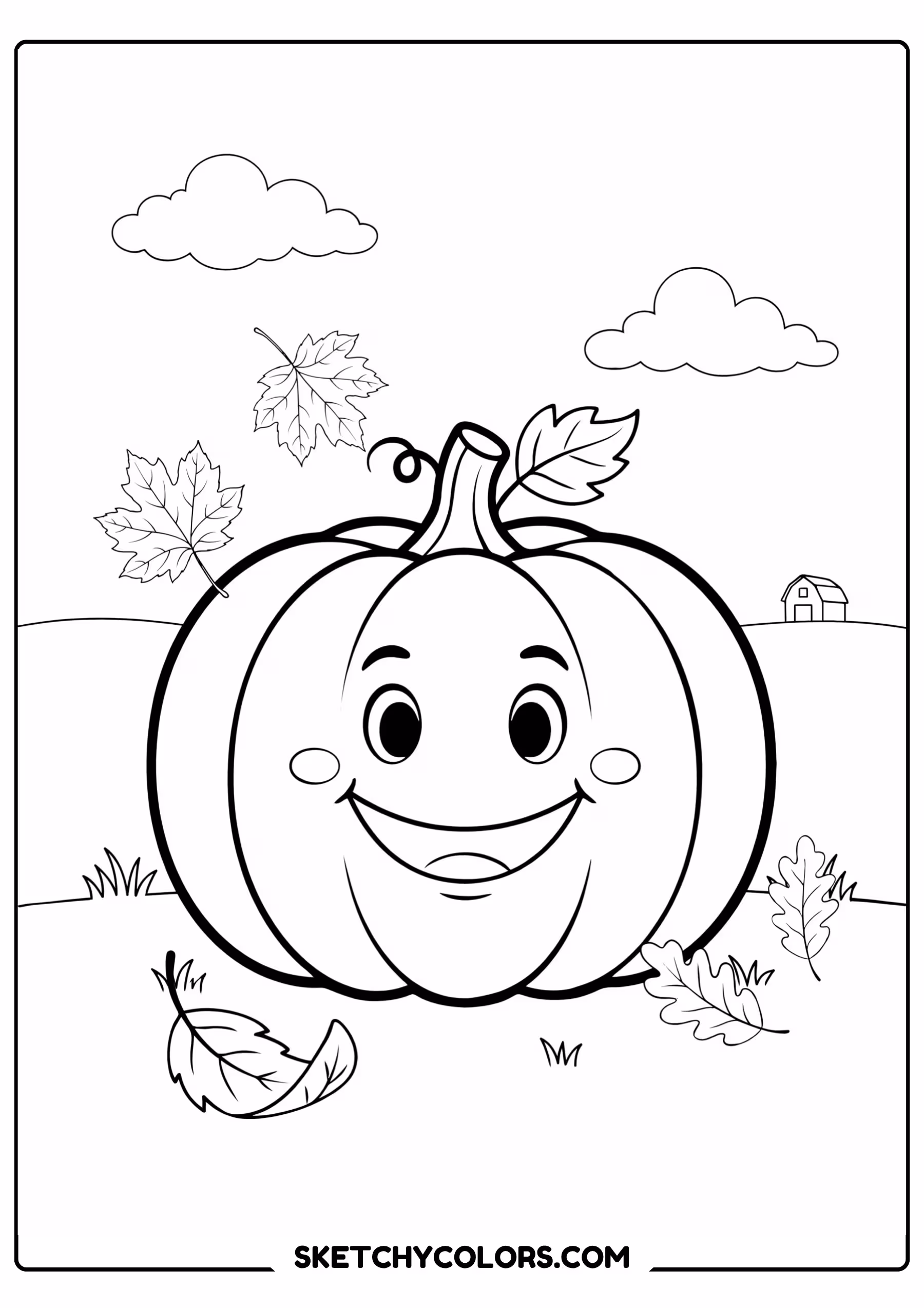 autumn coloring page happy pumpkin smiling leaves free printable pdf