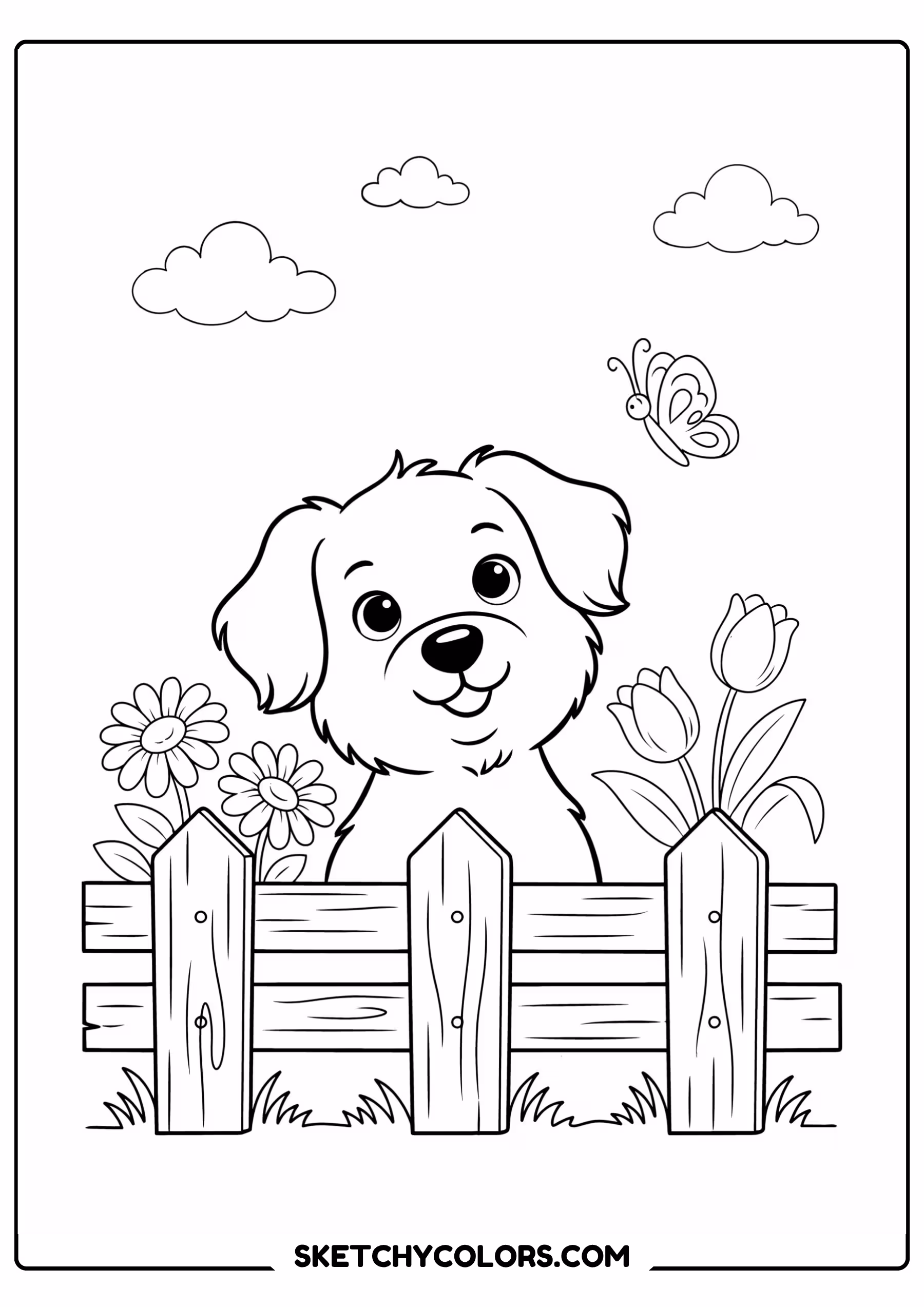 dog coloring page puppy peeking fence free printable pdf