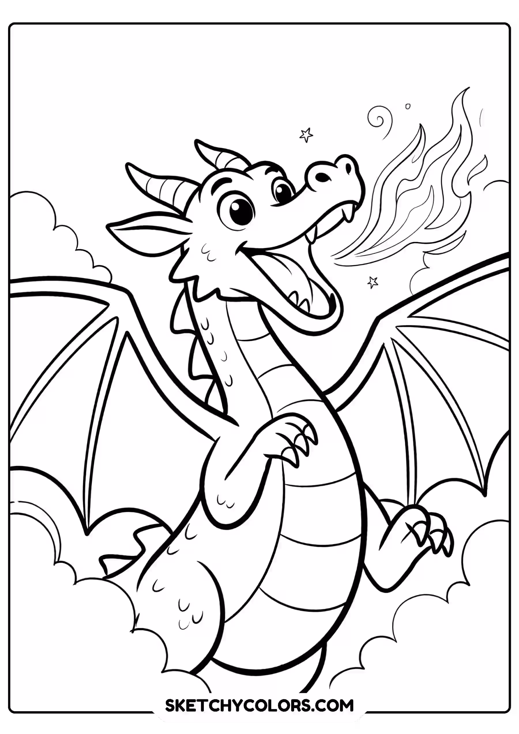 dragon coloring page fire breathing flying sky flames free printable pdf