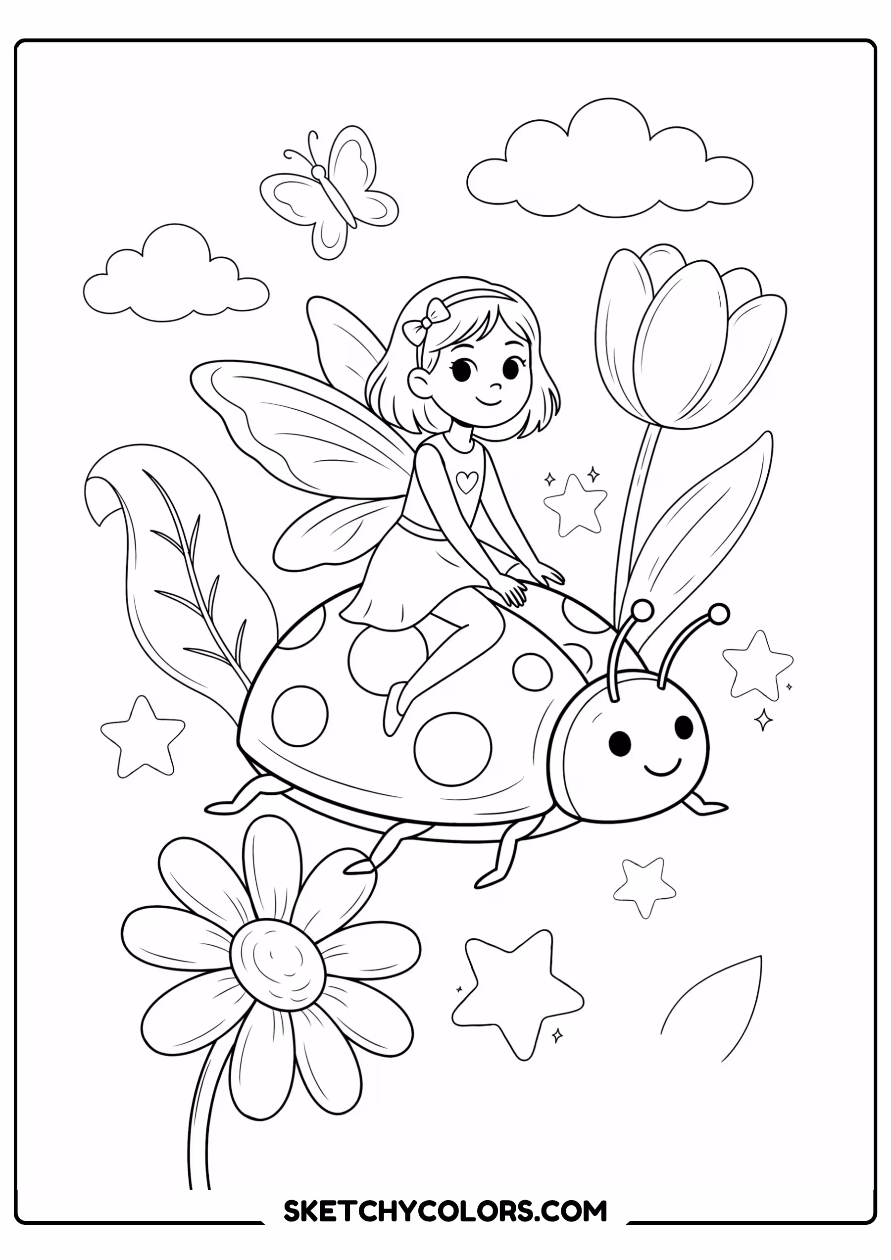 fairy coloring page riding ladybug flowers magical stars free printable pdf