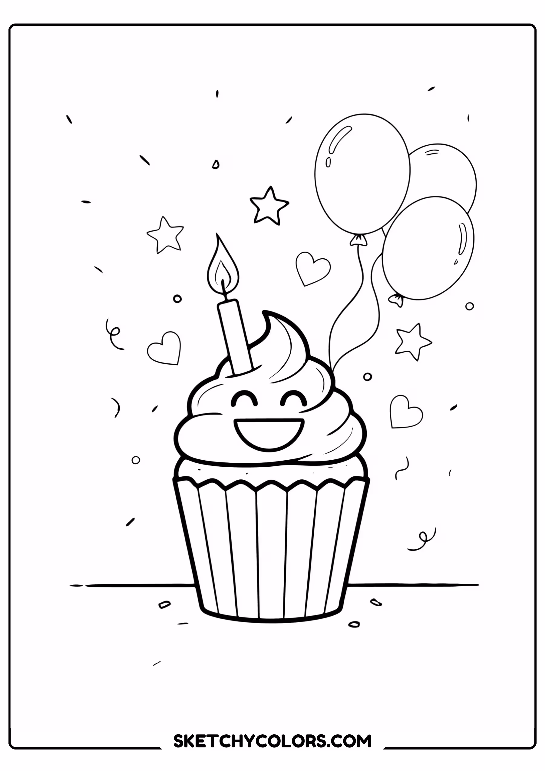 happy birthday coloring page cupcake candle smiling face free printable pdf