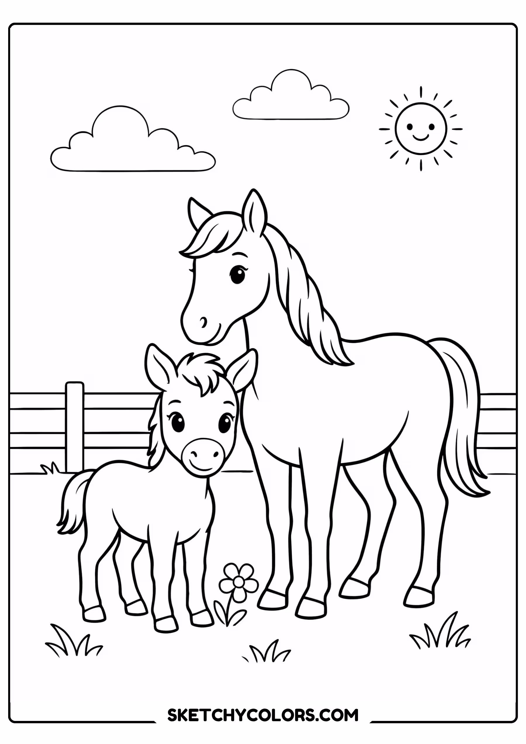 horse coloring page mare foal farm free printable pdf