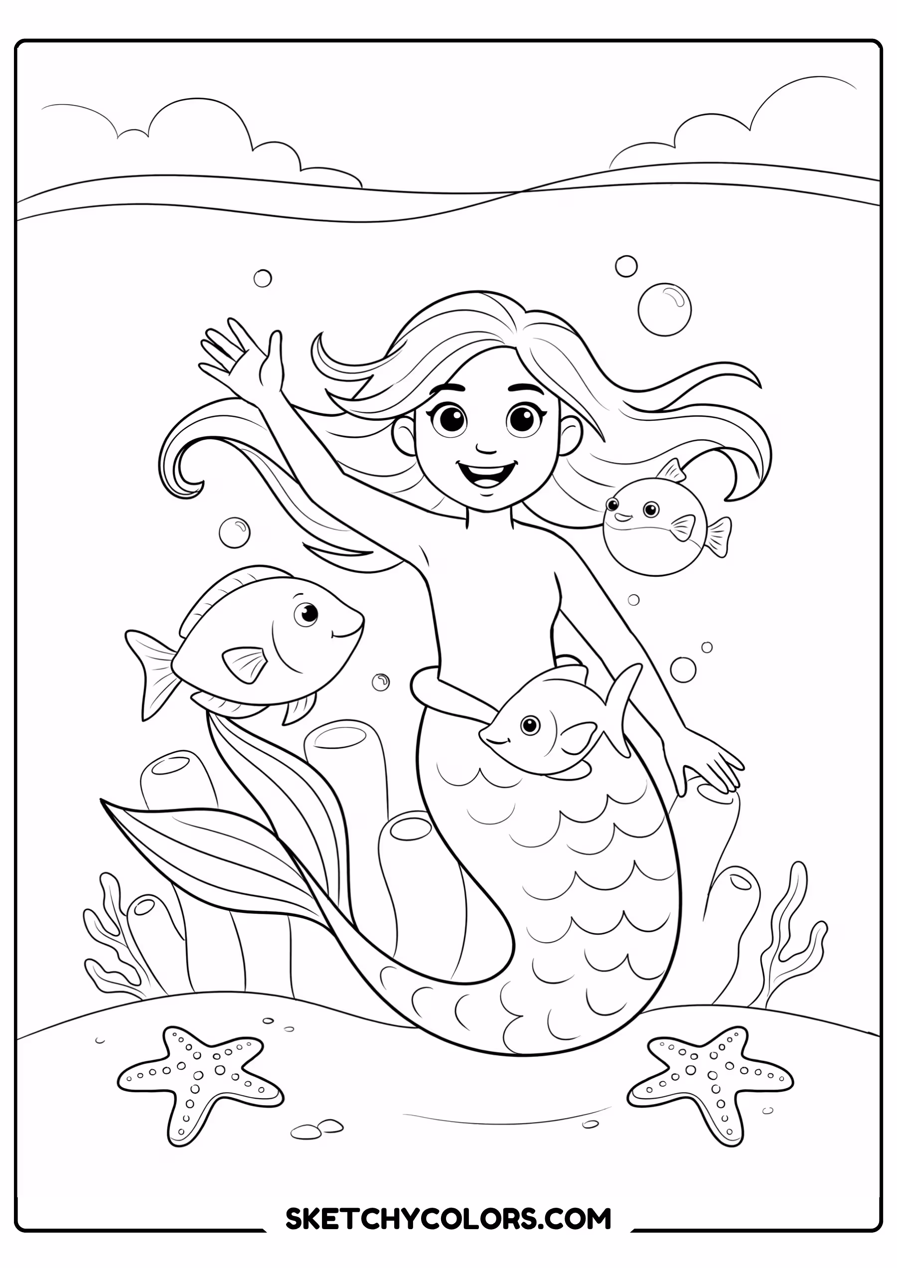 mermaid coloring page waving underwater fish swimming free printable pdf