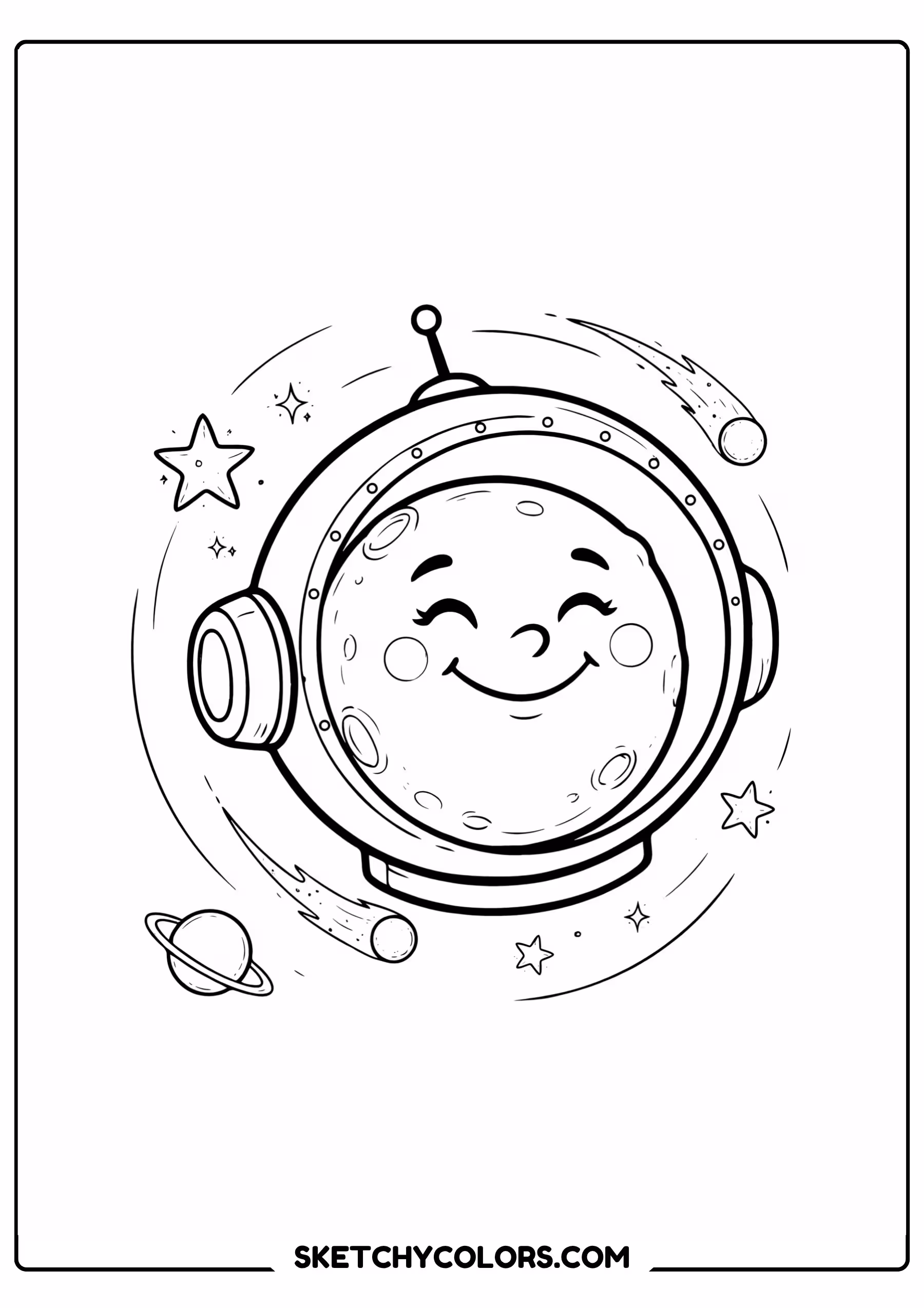 space coloring page smiling moon space helmet stars free printable pdf