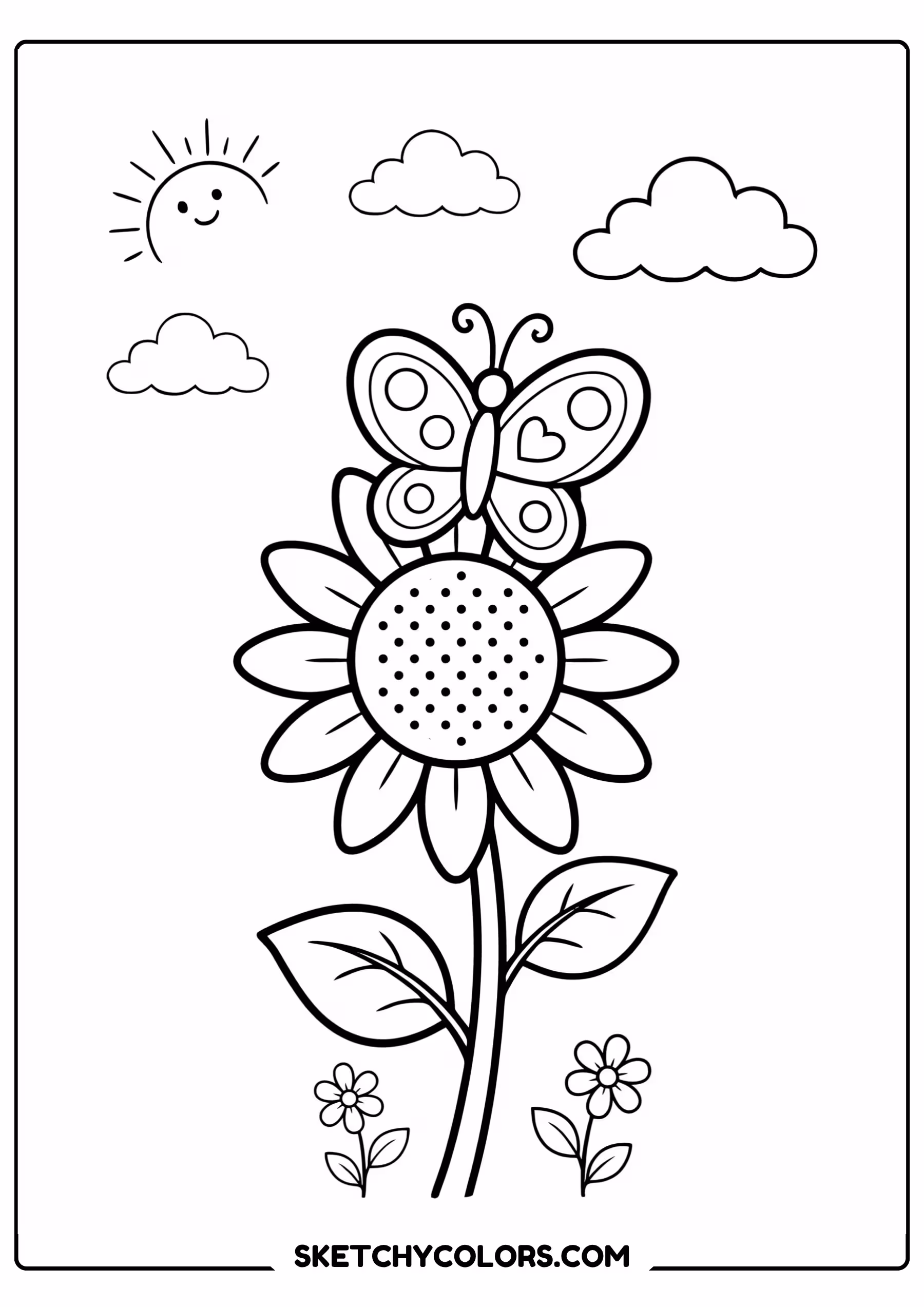 spring coloring page butterfly sunflower springtime free printable pdf