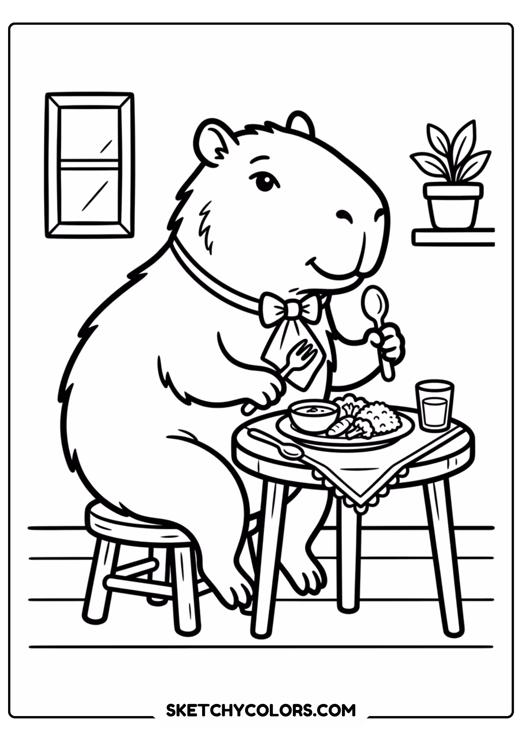 capybara eating table free printable coloring page for kids