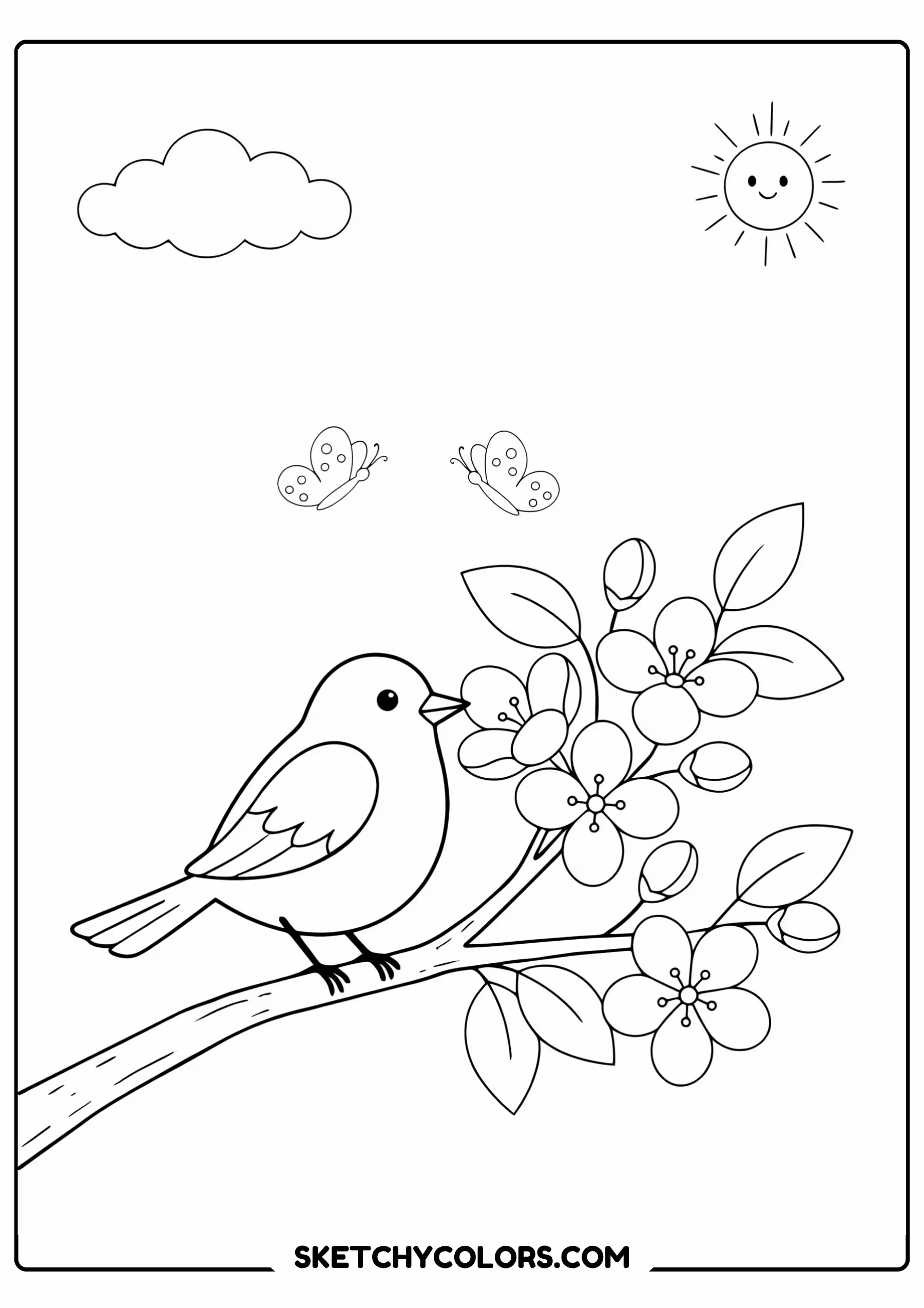 april bird on a blossom branch free coloring sheet for kids