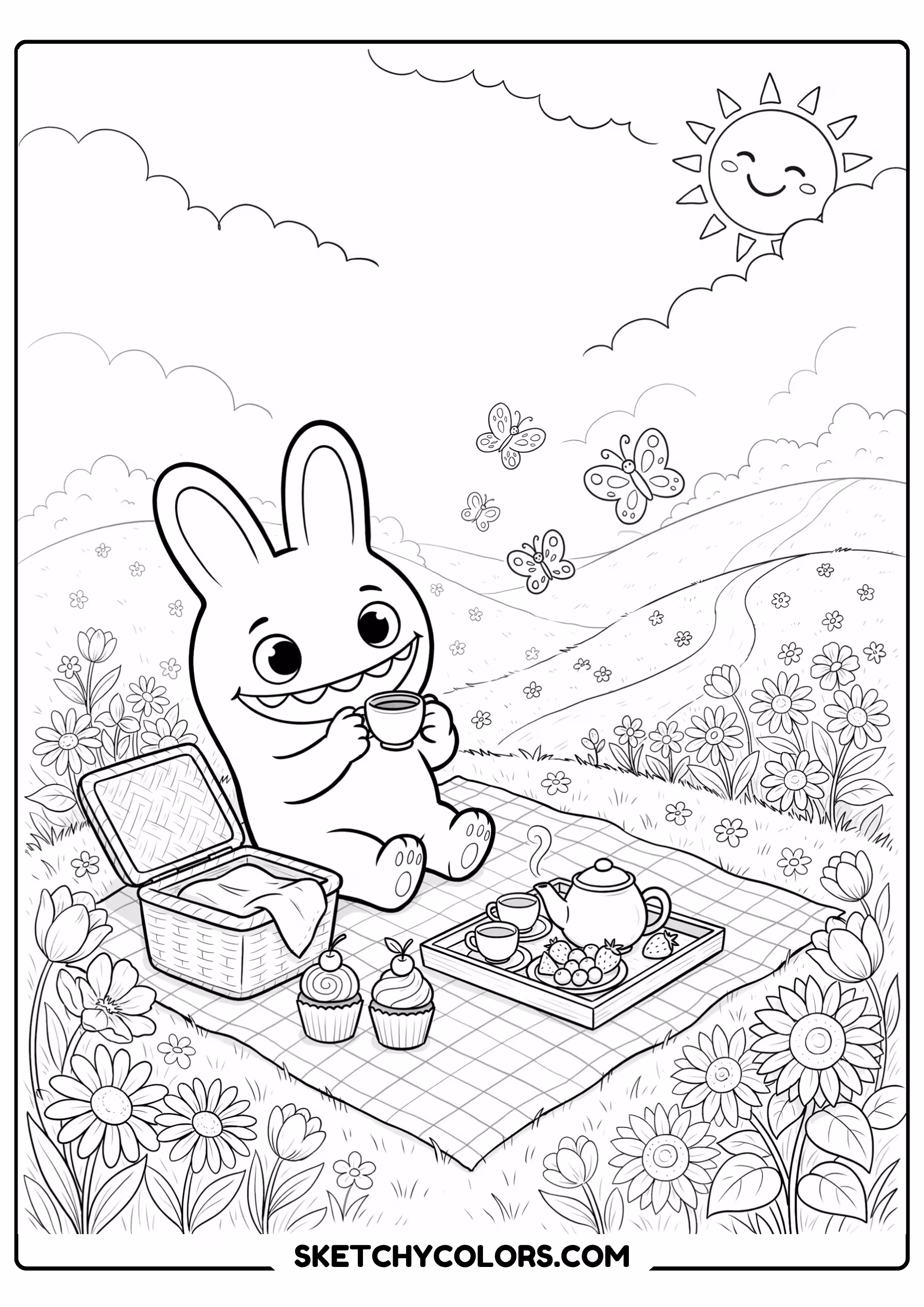 labubu picnic free coloring sheet for kids