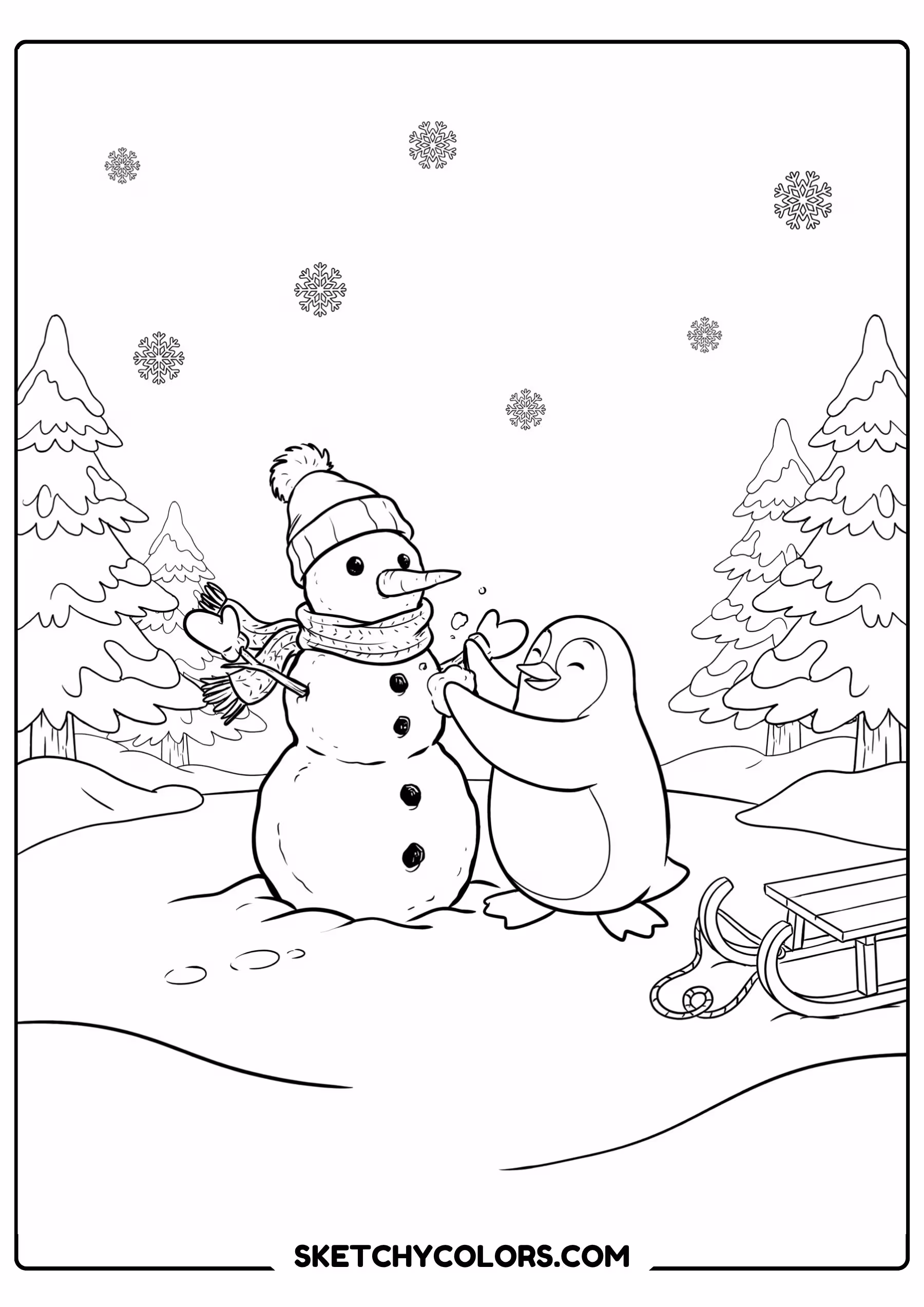 penguin building a snowman free coloring sheet for kids
