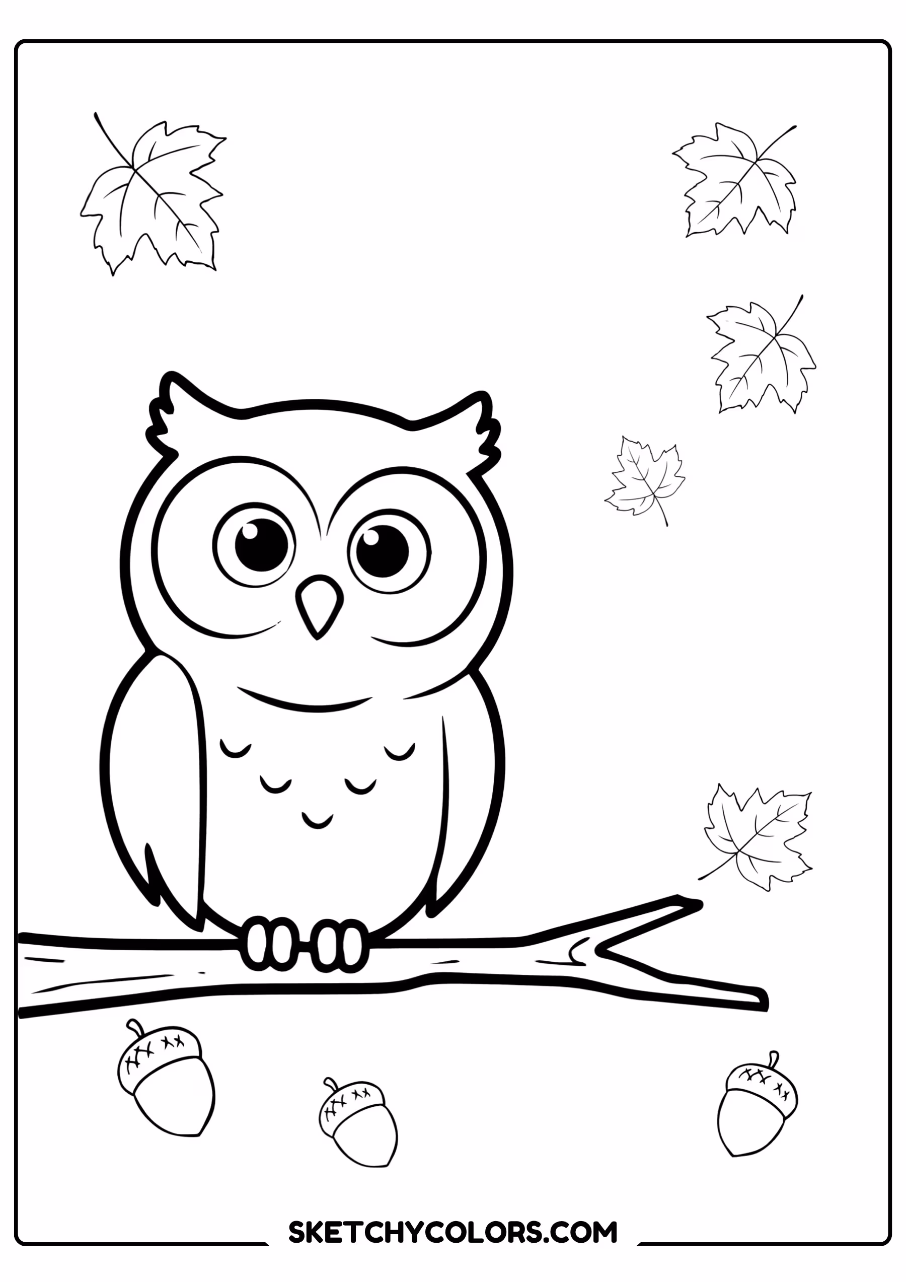 autumn coloring page owl branch falling leaves free printable for kids