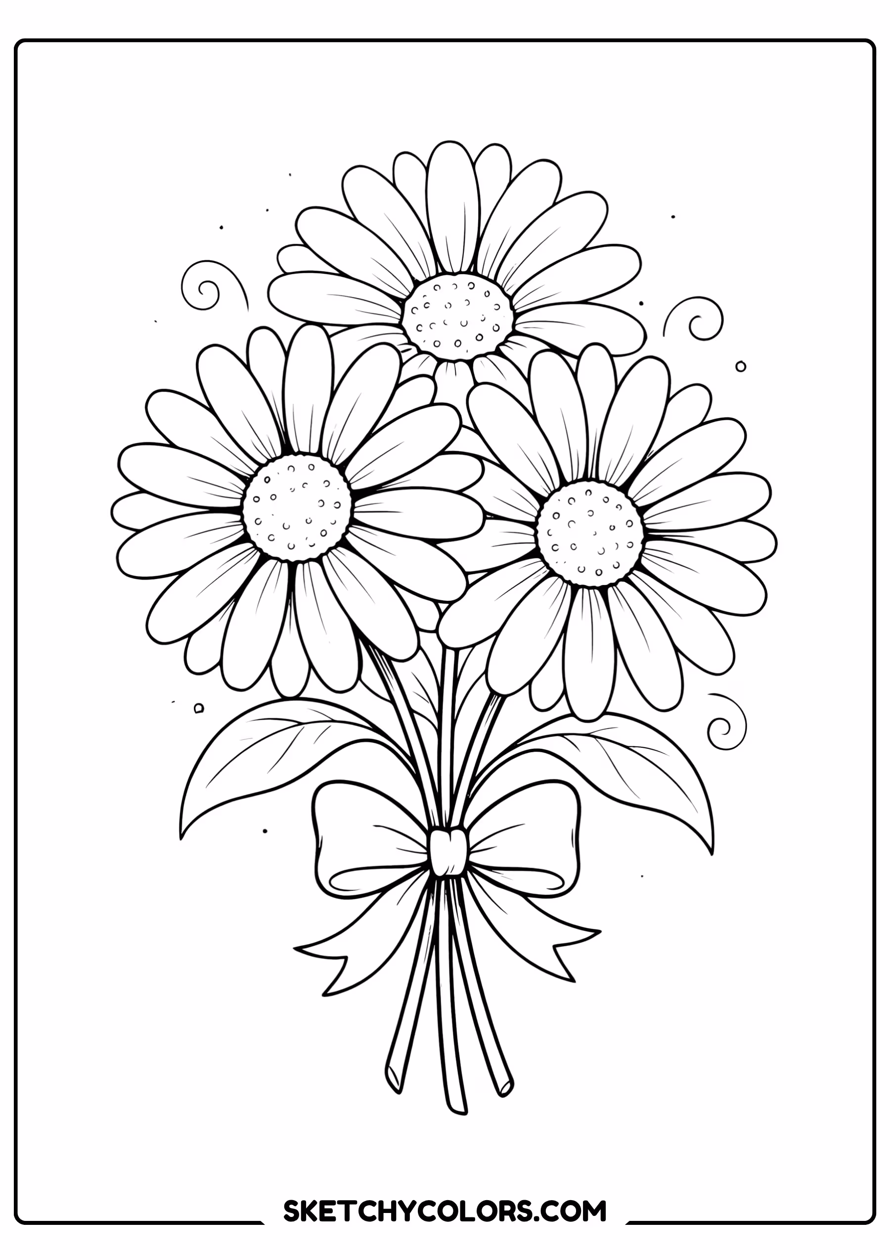 daisy coloring page bouquet ribbon three flowers free printable for kids