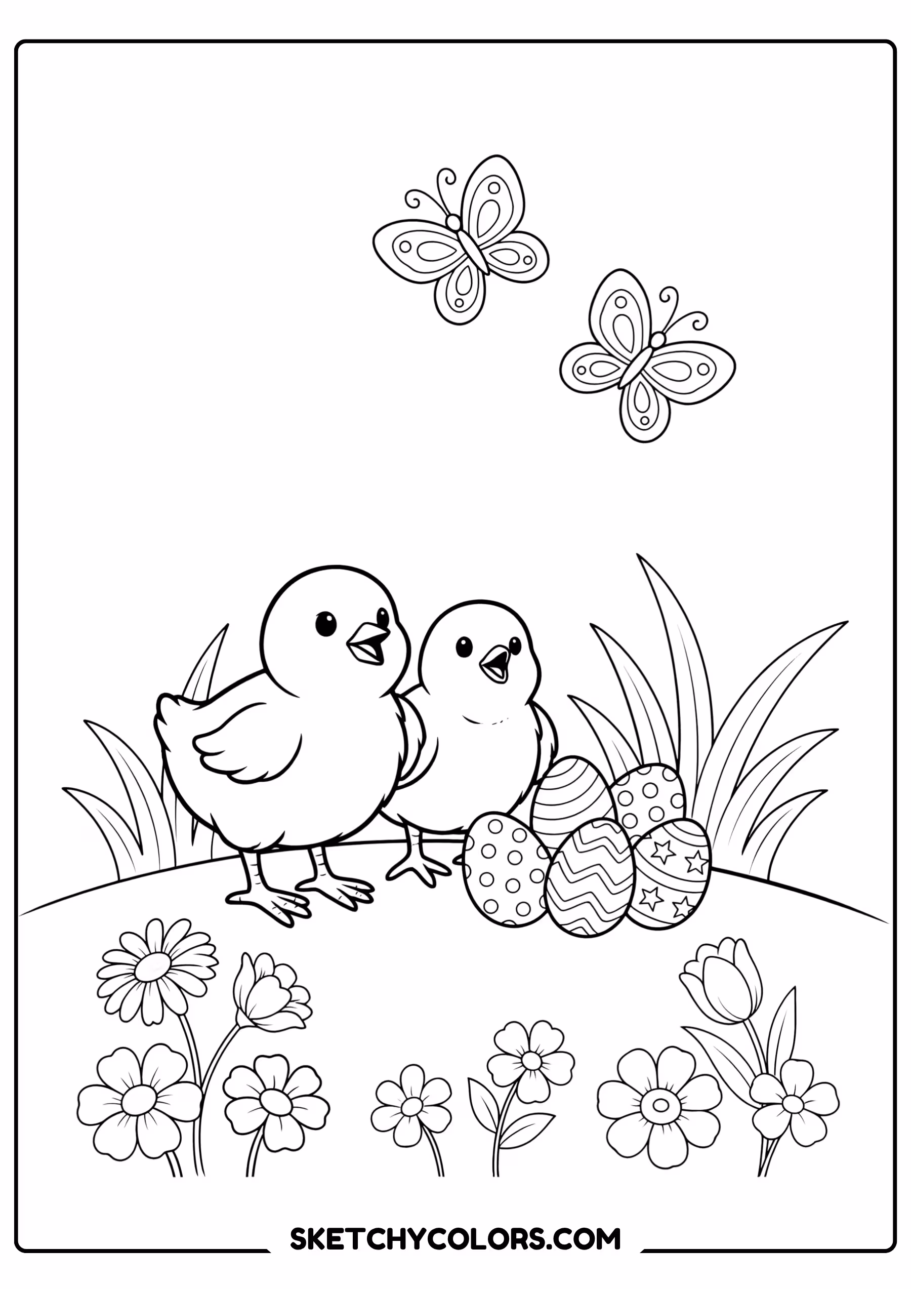 easter coloring page three baby chicks eggs free printable for kids