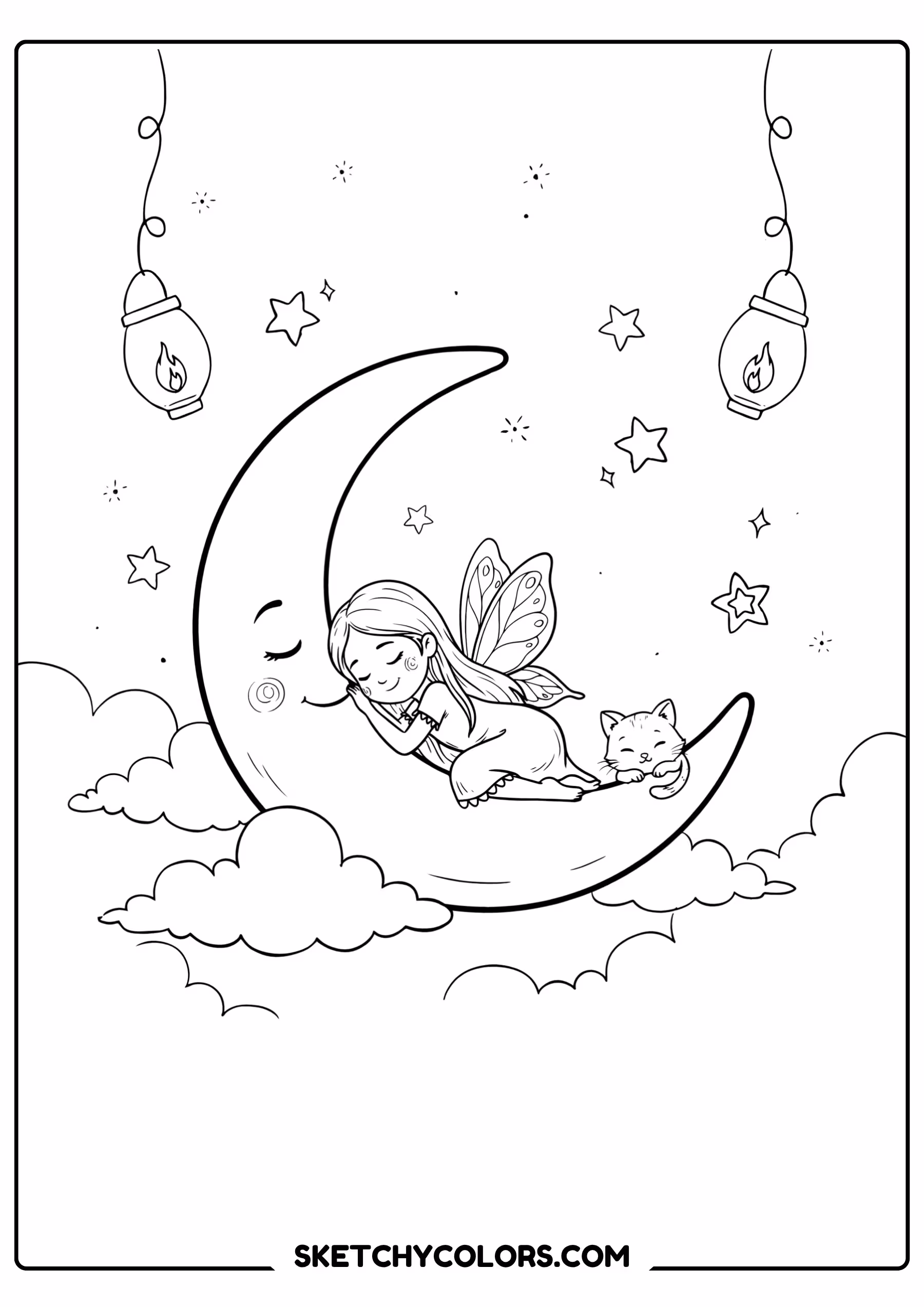 fairy coloring page sleeping crescent moon clouds stars free printable for kids