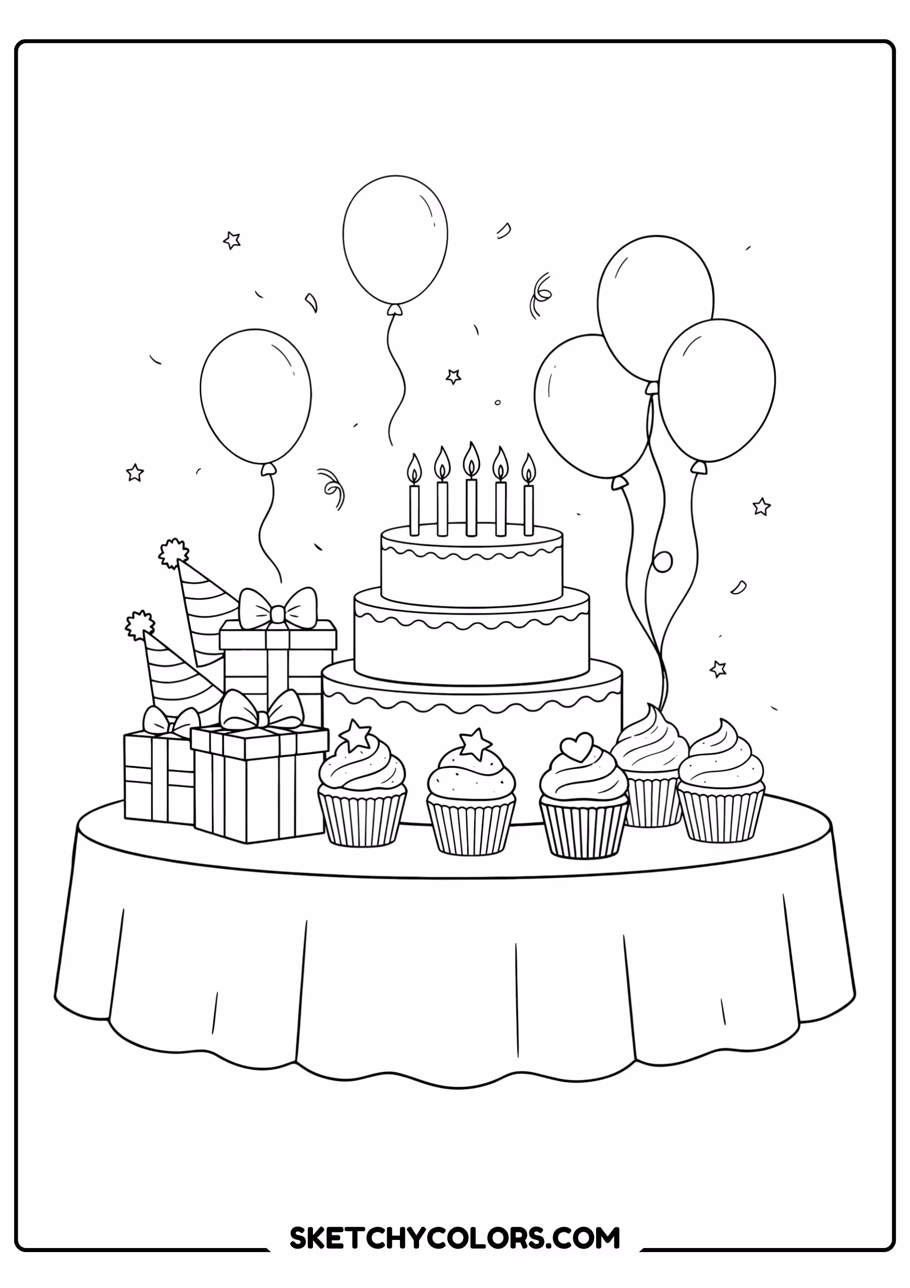 happy birthday coloring page party table cake presents free printable for kids