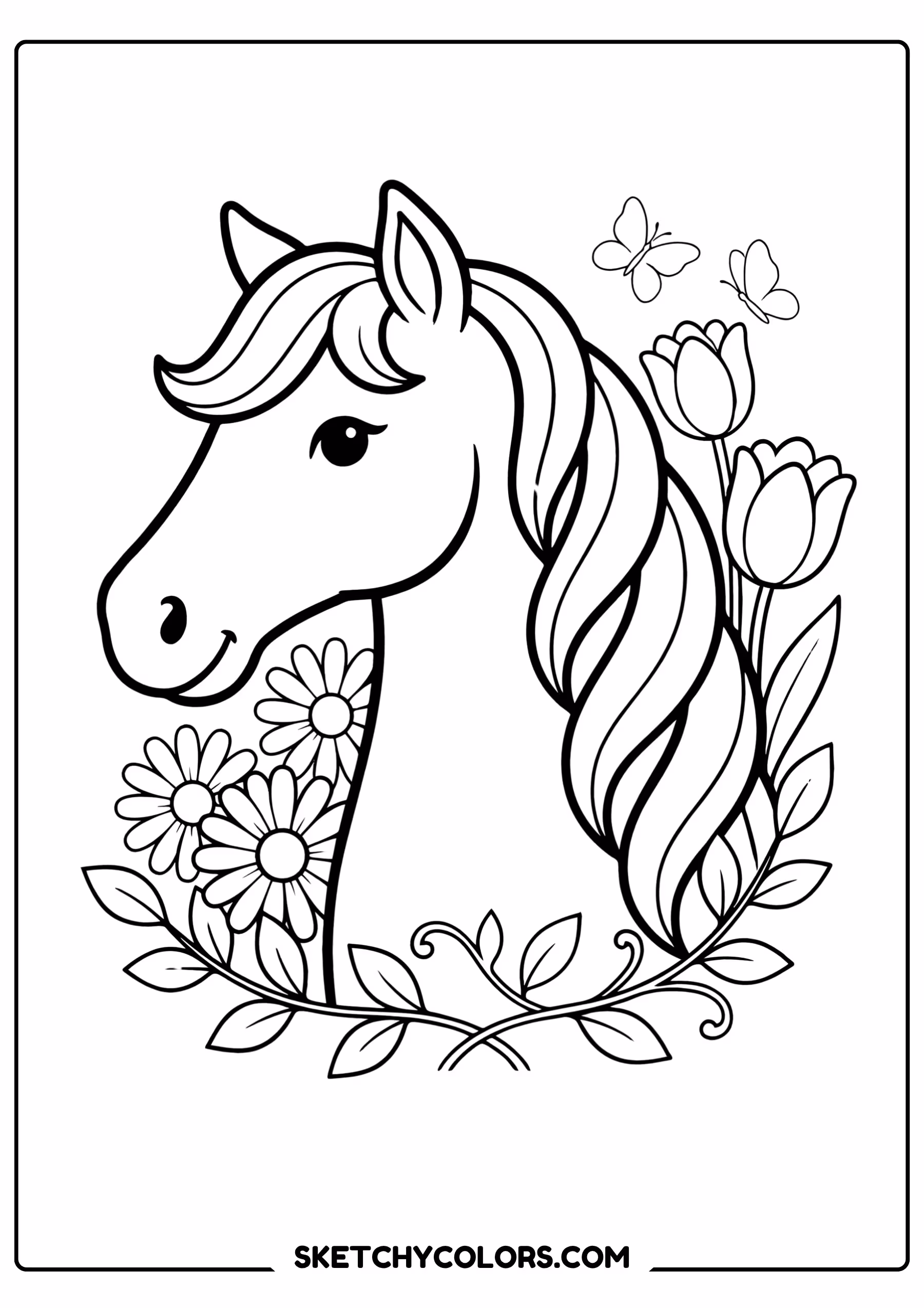 horse coloring page flowing mane flowers free printable for kids