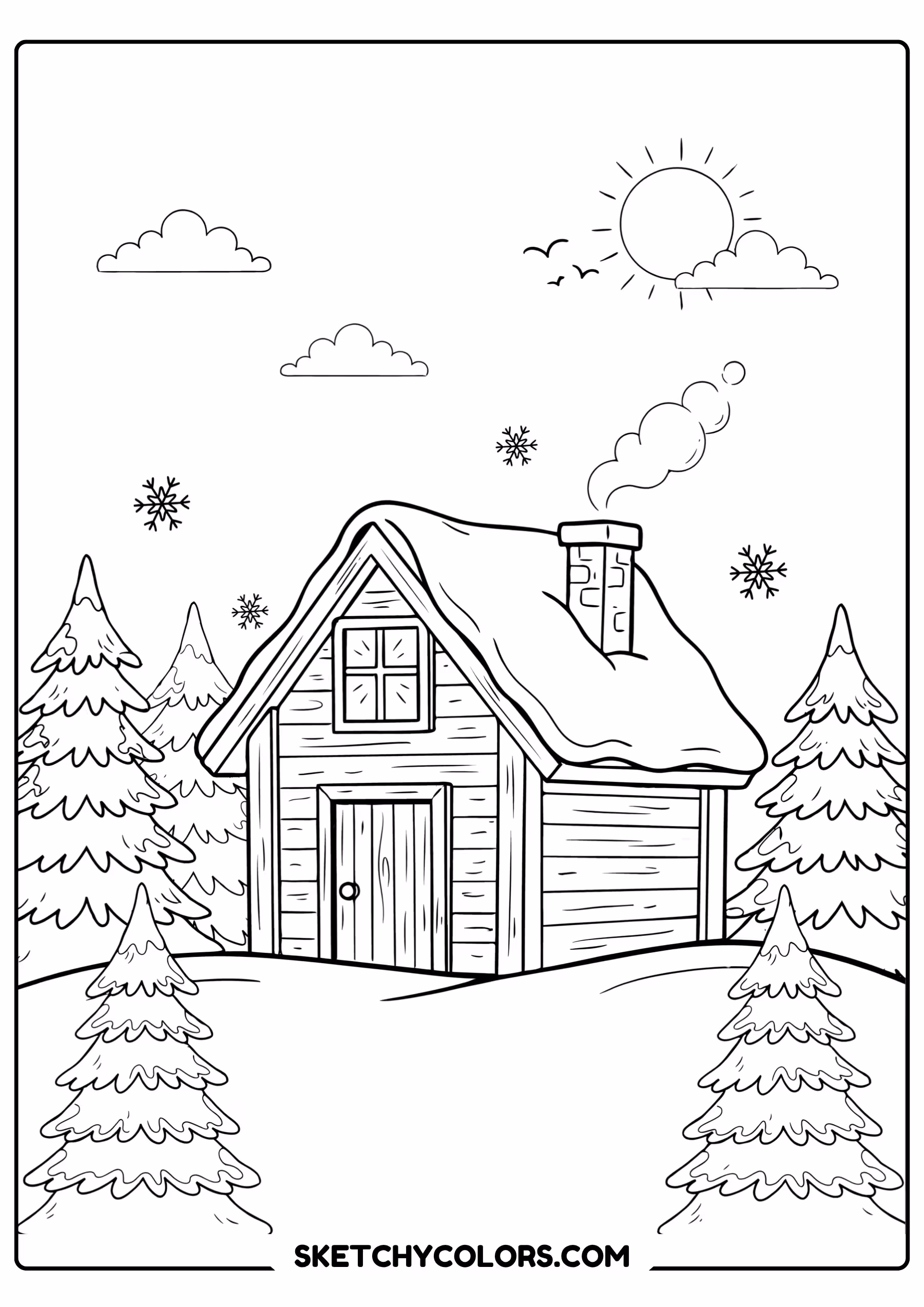 january coloring page cozy winter cabin free printable for kids