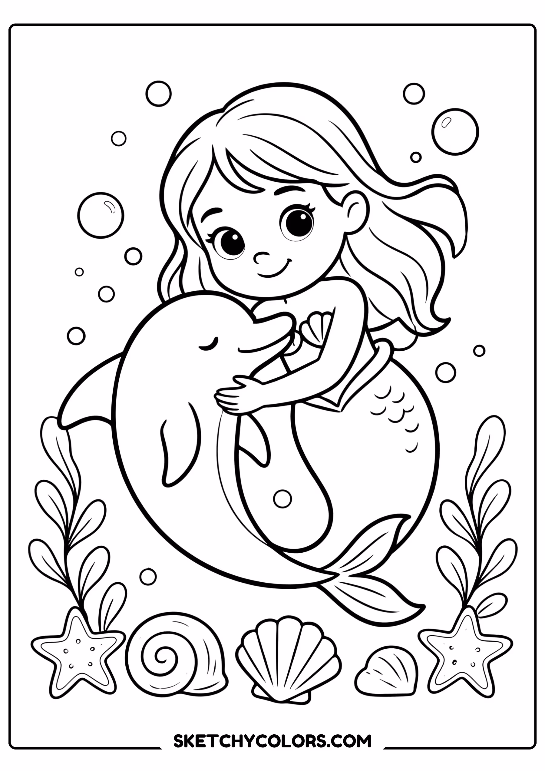 mermaid coloring page baby mermaid dolphin bubbles seashells free printable for kids