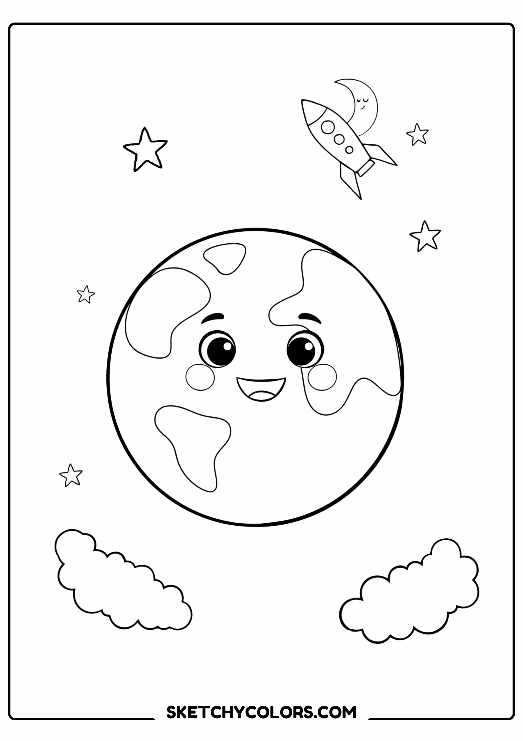 space coloring page planet earth happy face stars free printable for kids