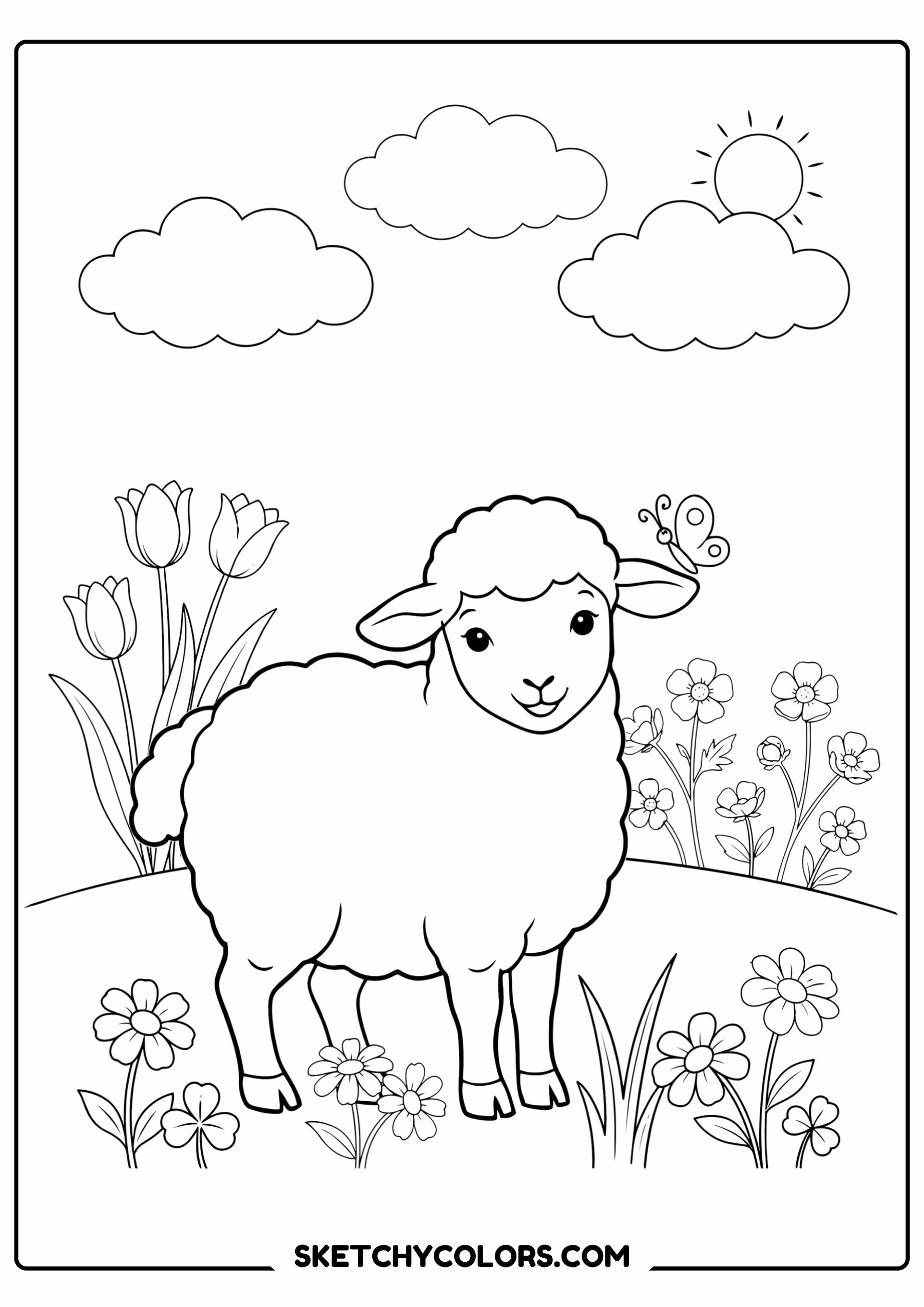 spring coloring page lamb meadow flowers clouds free printable for kids
