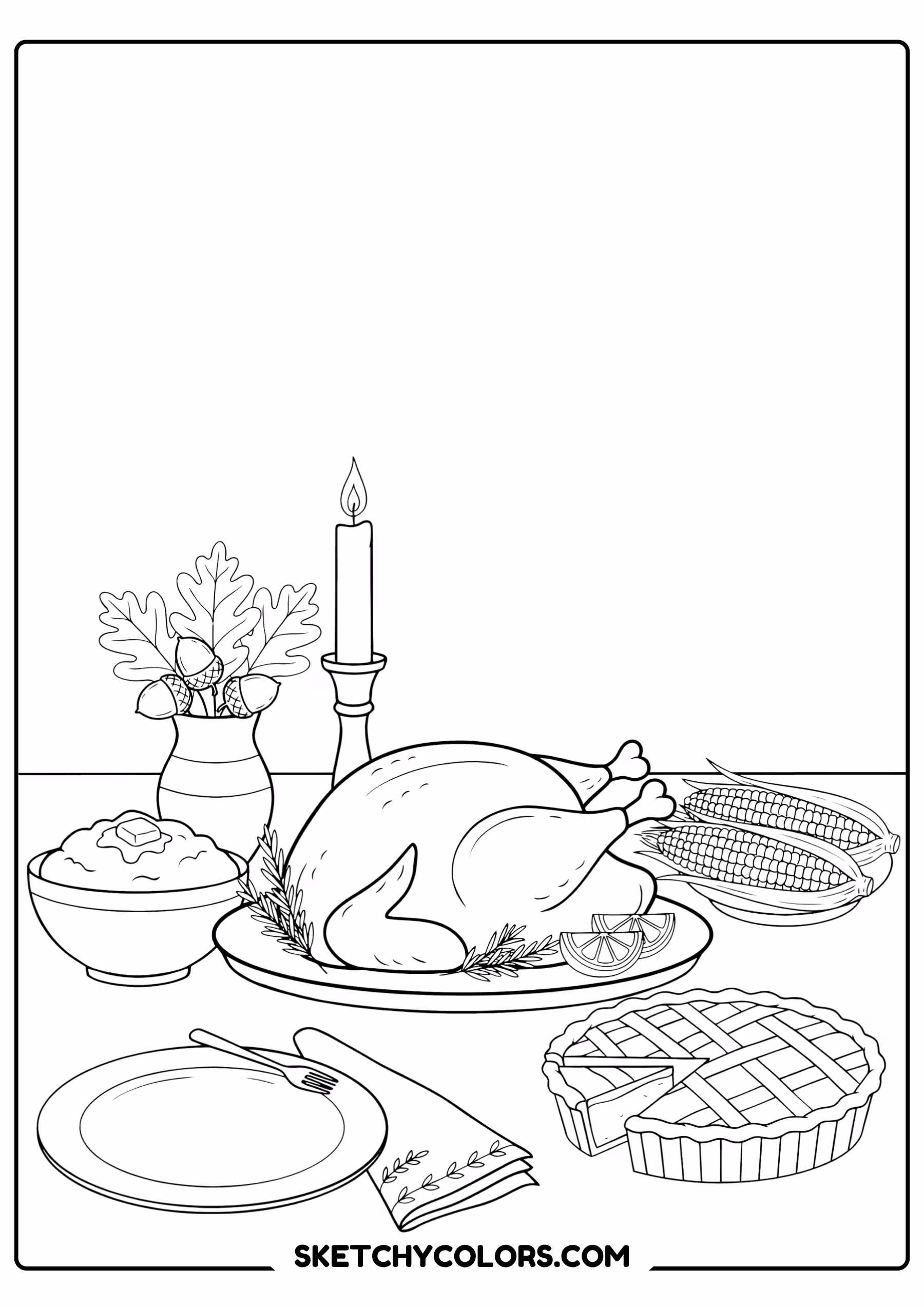 thanksgiving coloring page feast table turkey dinner free printable for kids