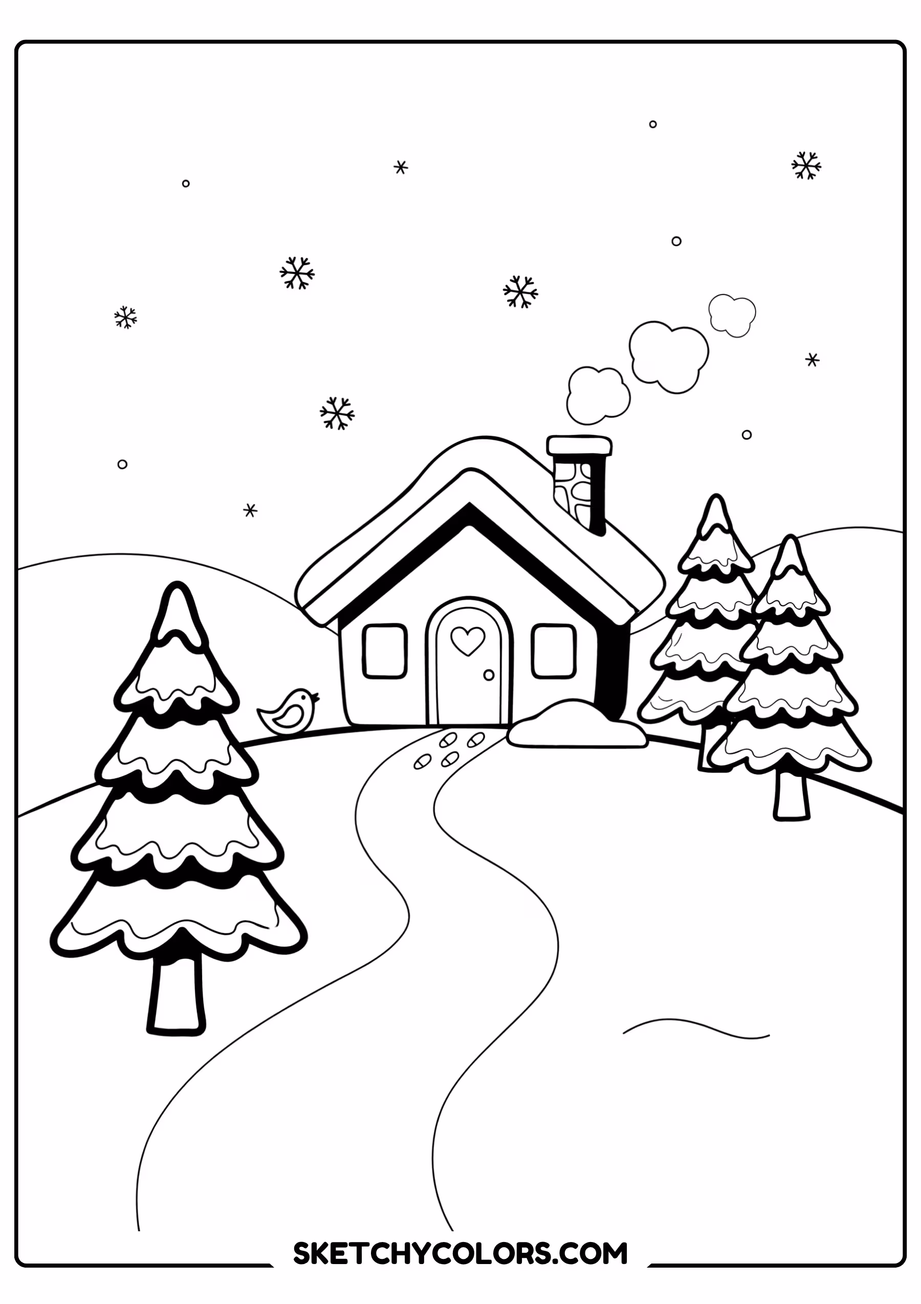winter cabin coloring page free printable coloring sheet