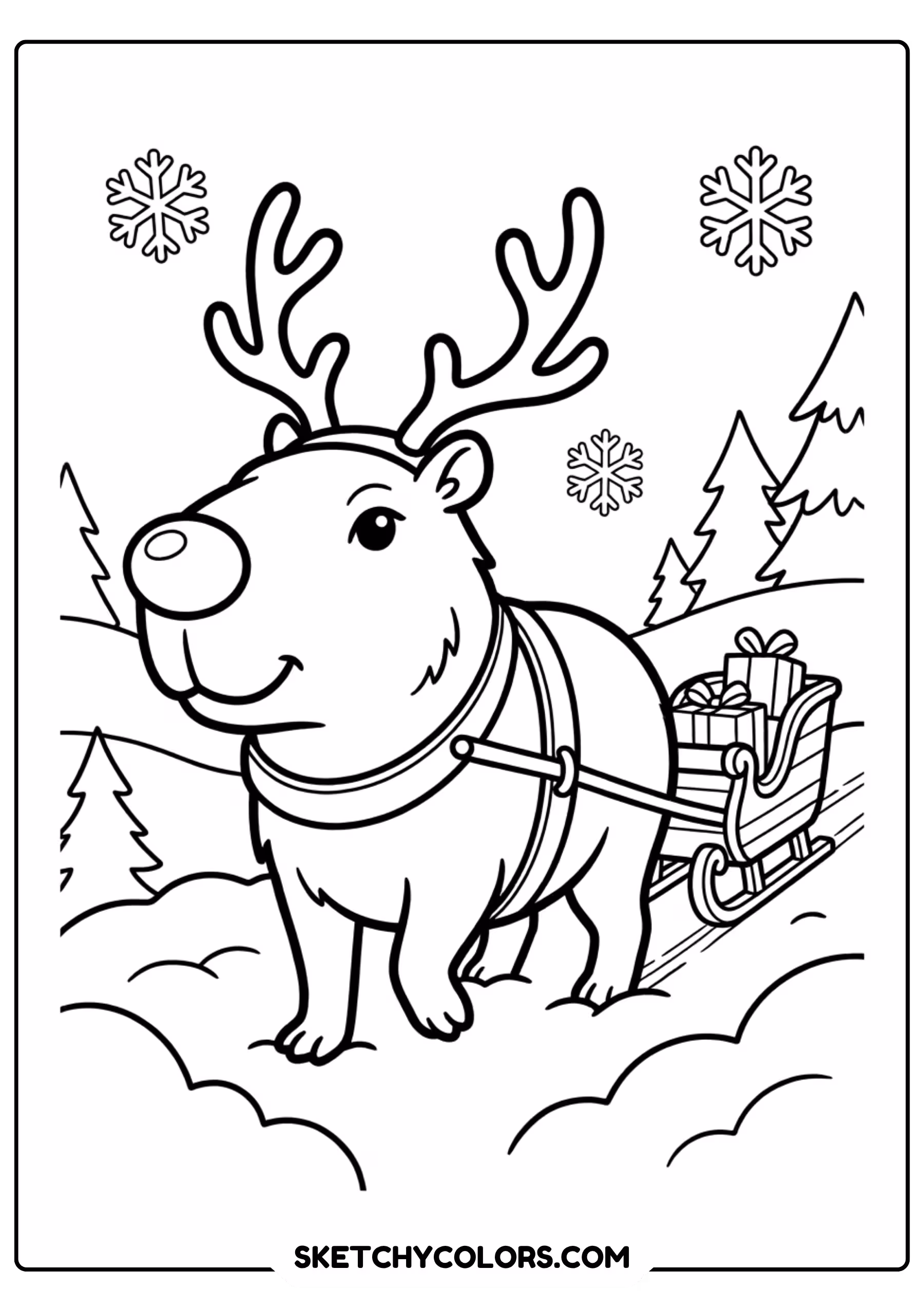 capybara reindeer sleigh free printable coloring page for kids