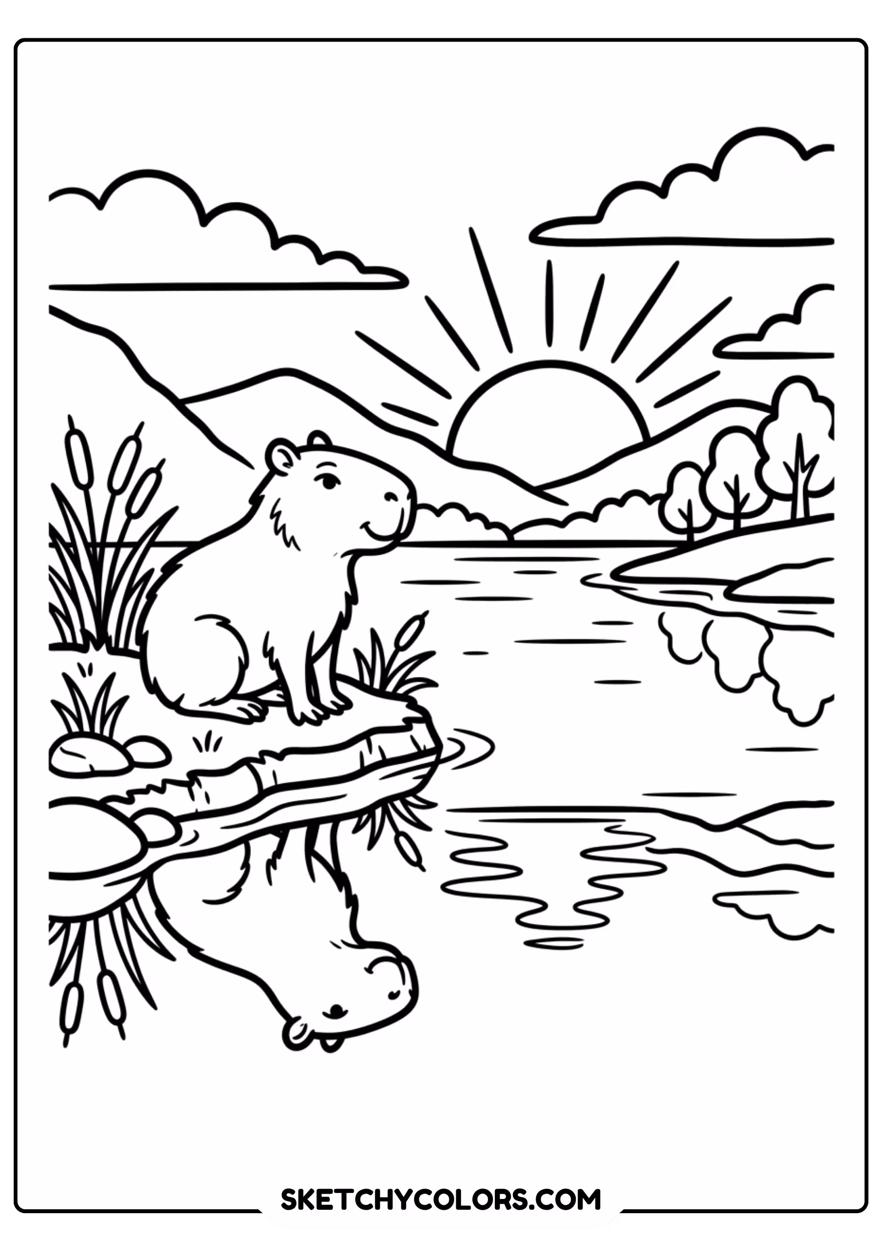capybara sunset riverbank free printable coloring page for kids
