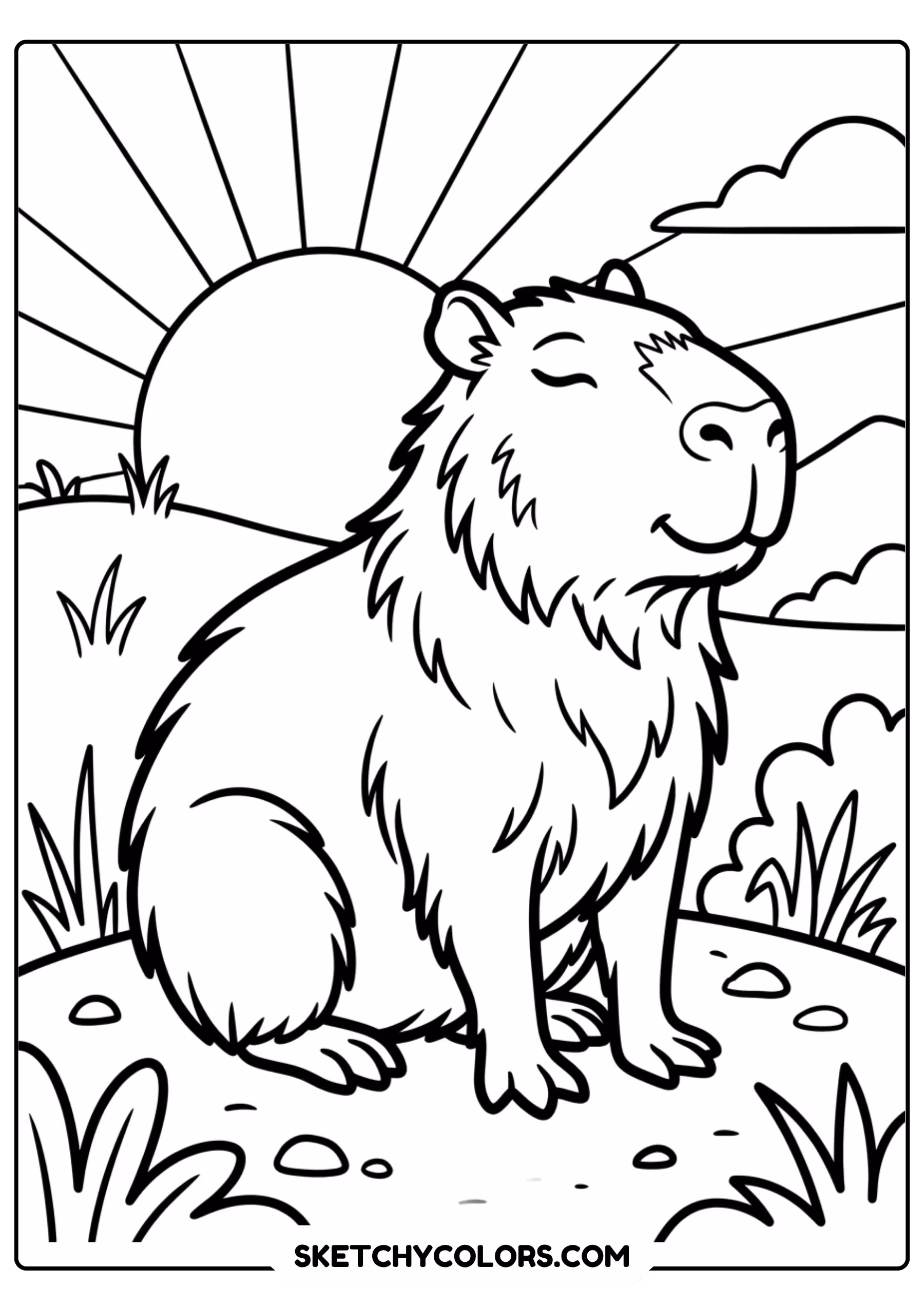 capybara surfing river wave free printable coloring page for kids