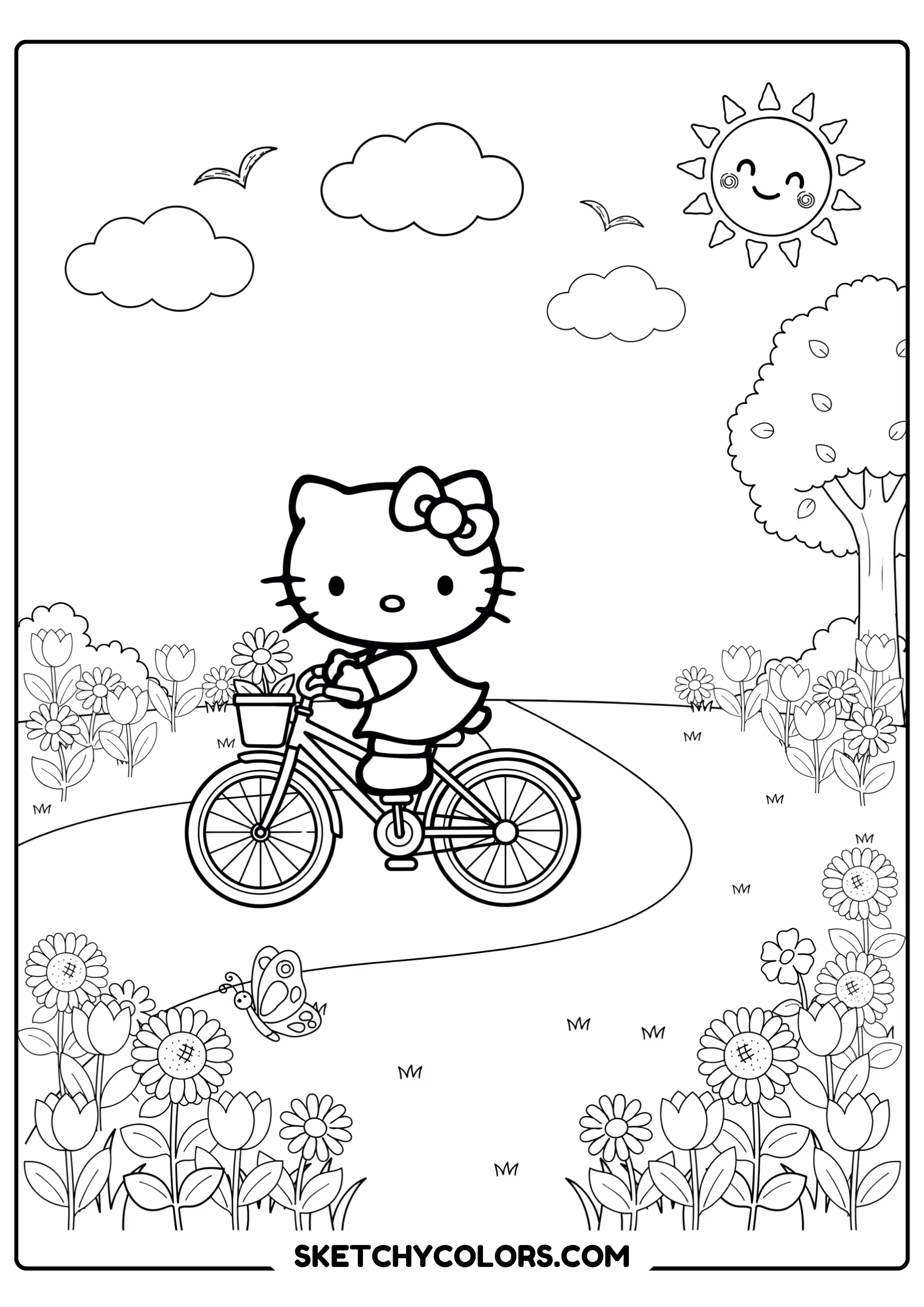 hello kitty bicycle ride free printable coloring sheet