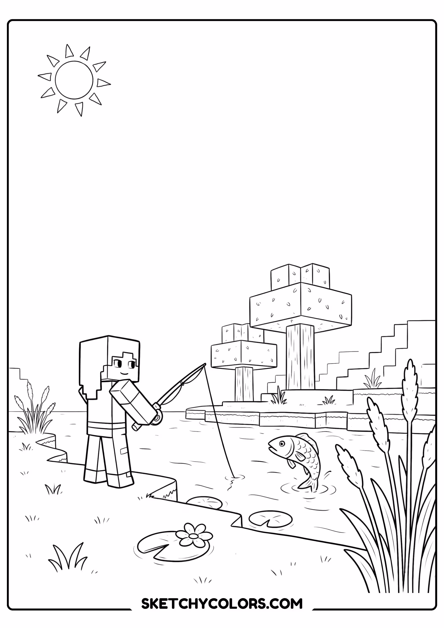 minecraft alex fishing free printable coloring sheet