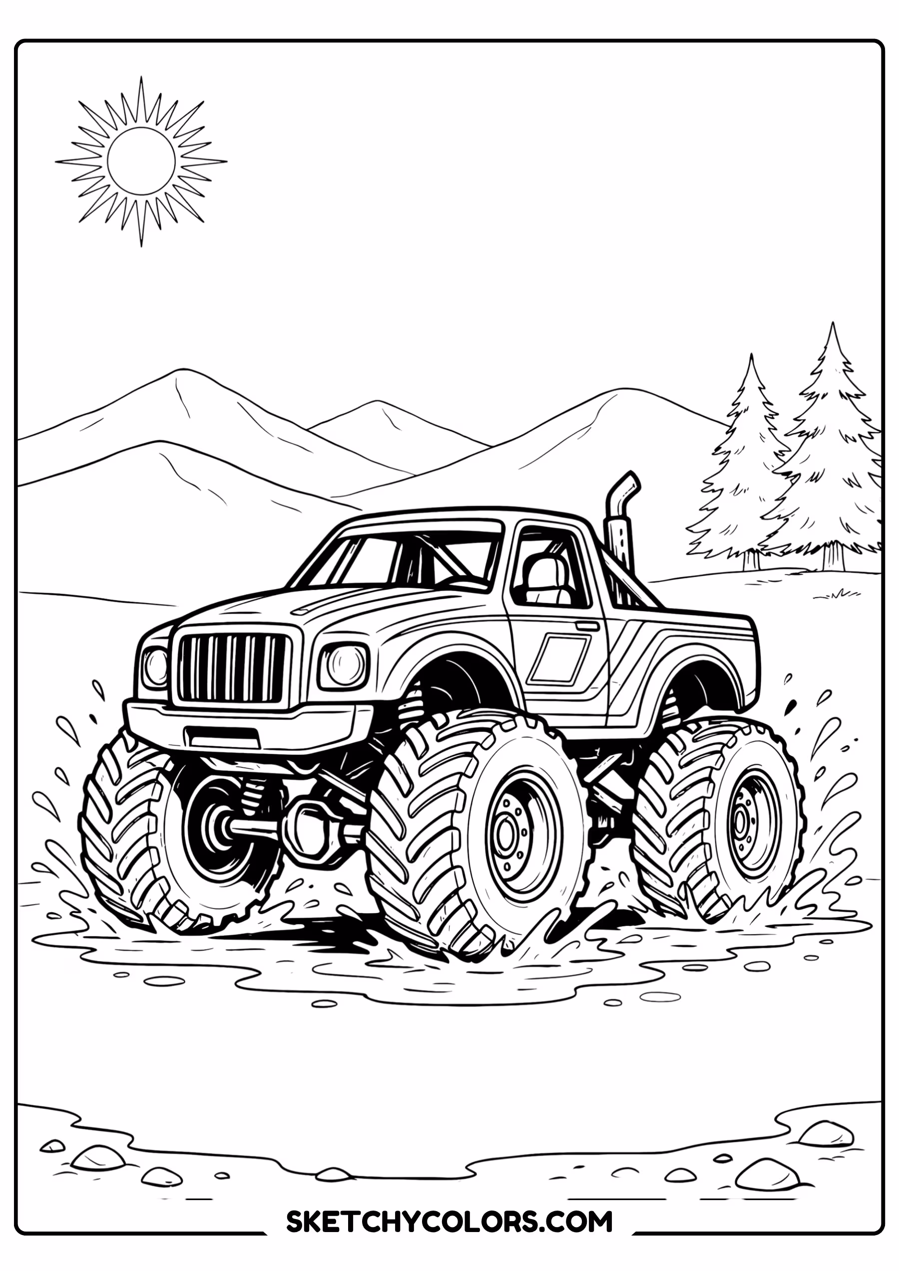 monster truck mud race free printable coloring sheet