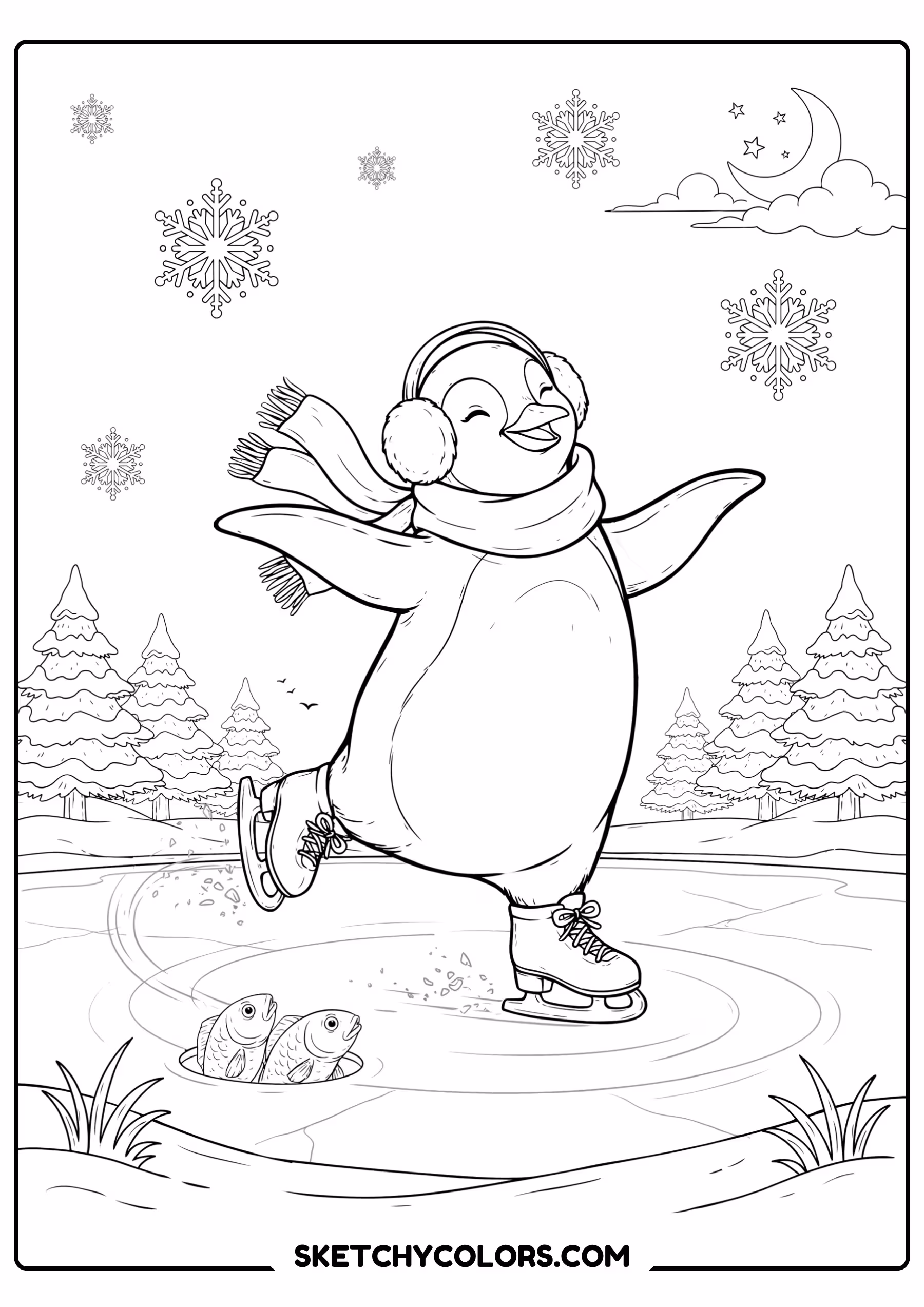 penguin ice skating free printable coloring sheet