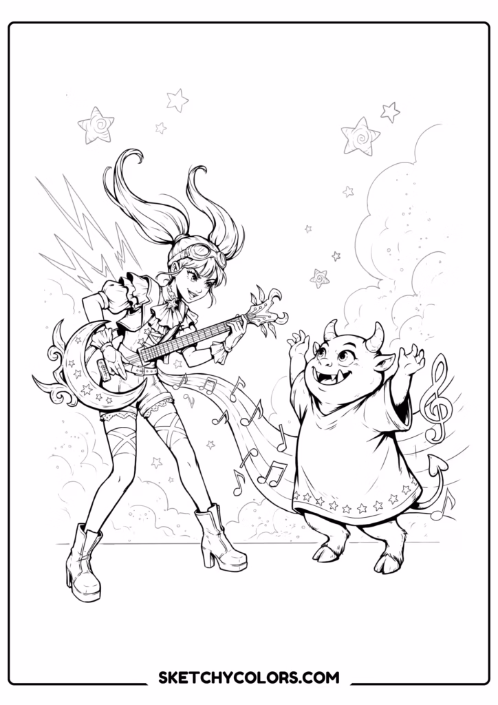 kpop demon hunters guitar hero s free printable coloring sheet