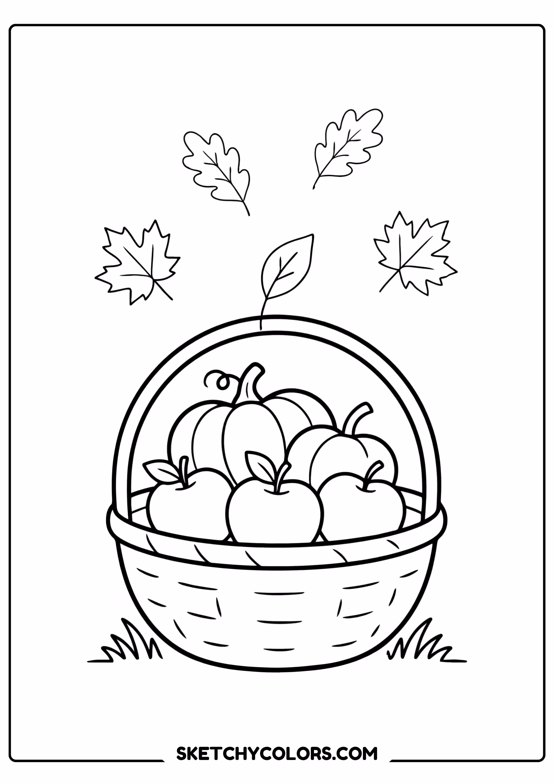 autumn coloring page harvest basket apples pumpkins free printable pdf