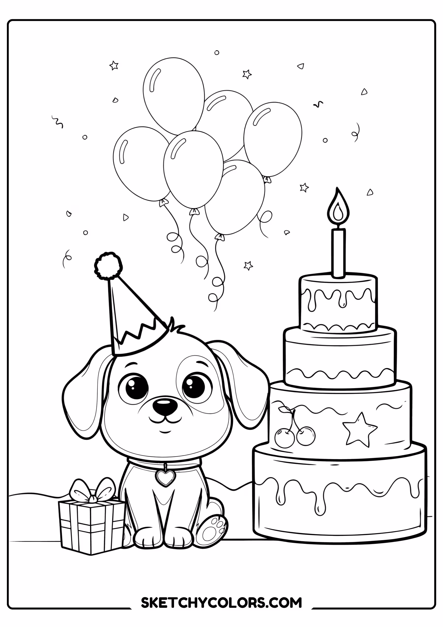 dog coloring page birthday puppy cake free printable pdf