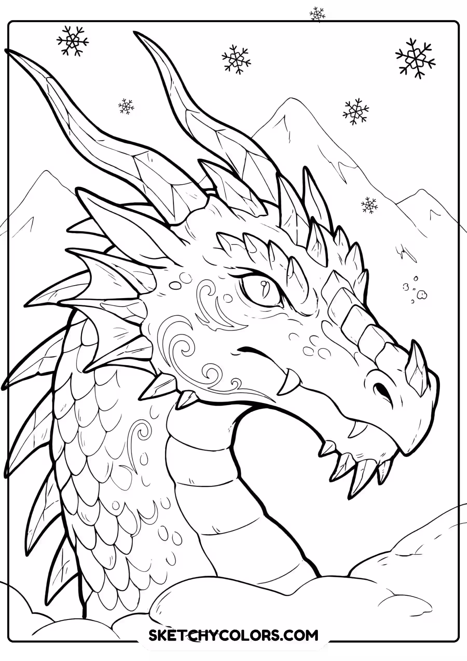 dragon coloring page ice dragon snow crystal horns free printable pdf