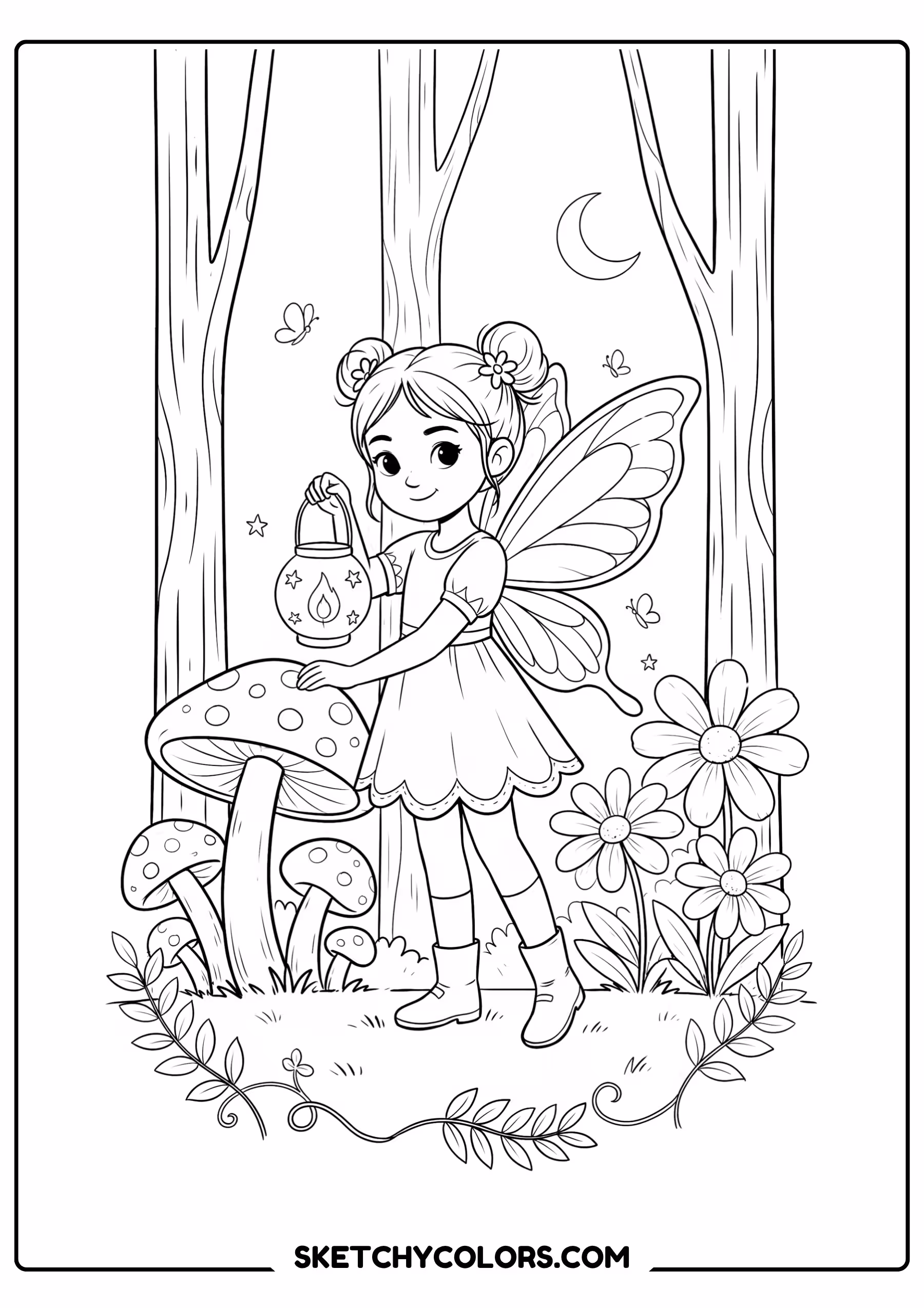 fairy coloring page lantern enchanted forest mushrooms flowers free printable pdf