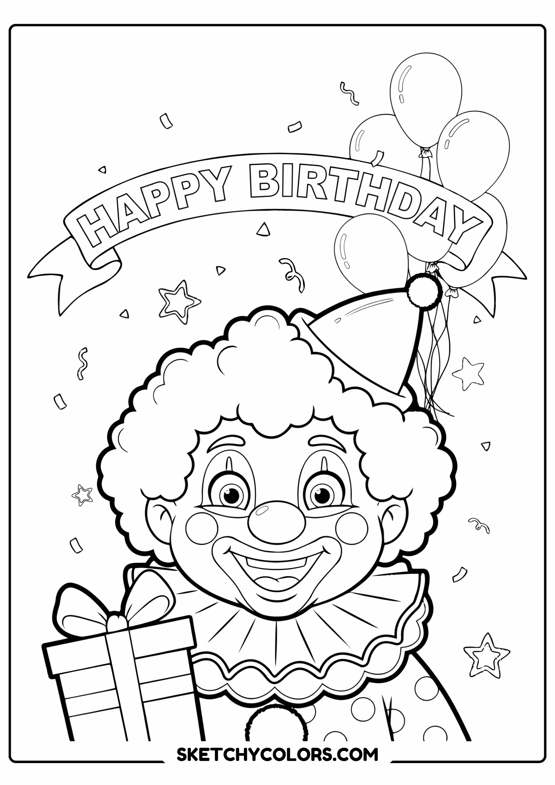 happy birthday coloring page clown balloons gift free printable pdf