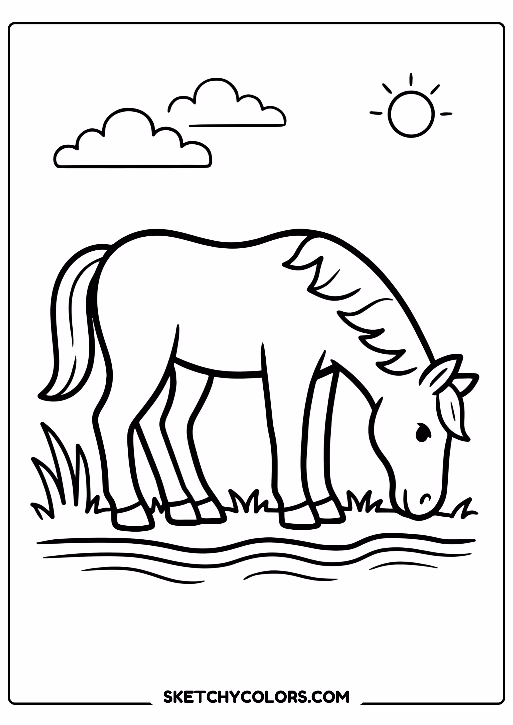 horse coloring page drinking stream countryside free printable pdf
