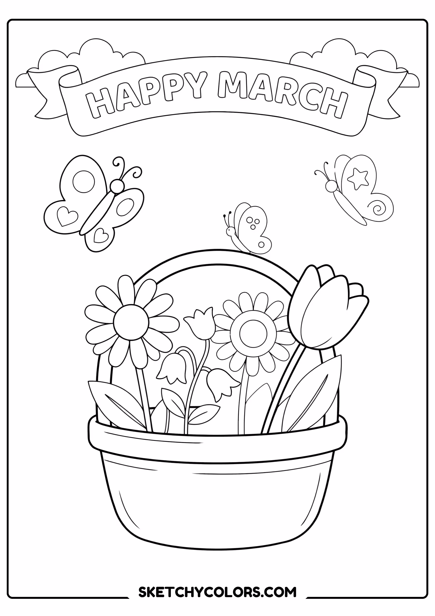 march coloring page spring flower basket butterflies free printable pdf