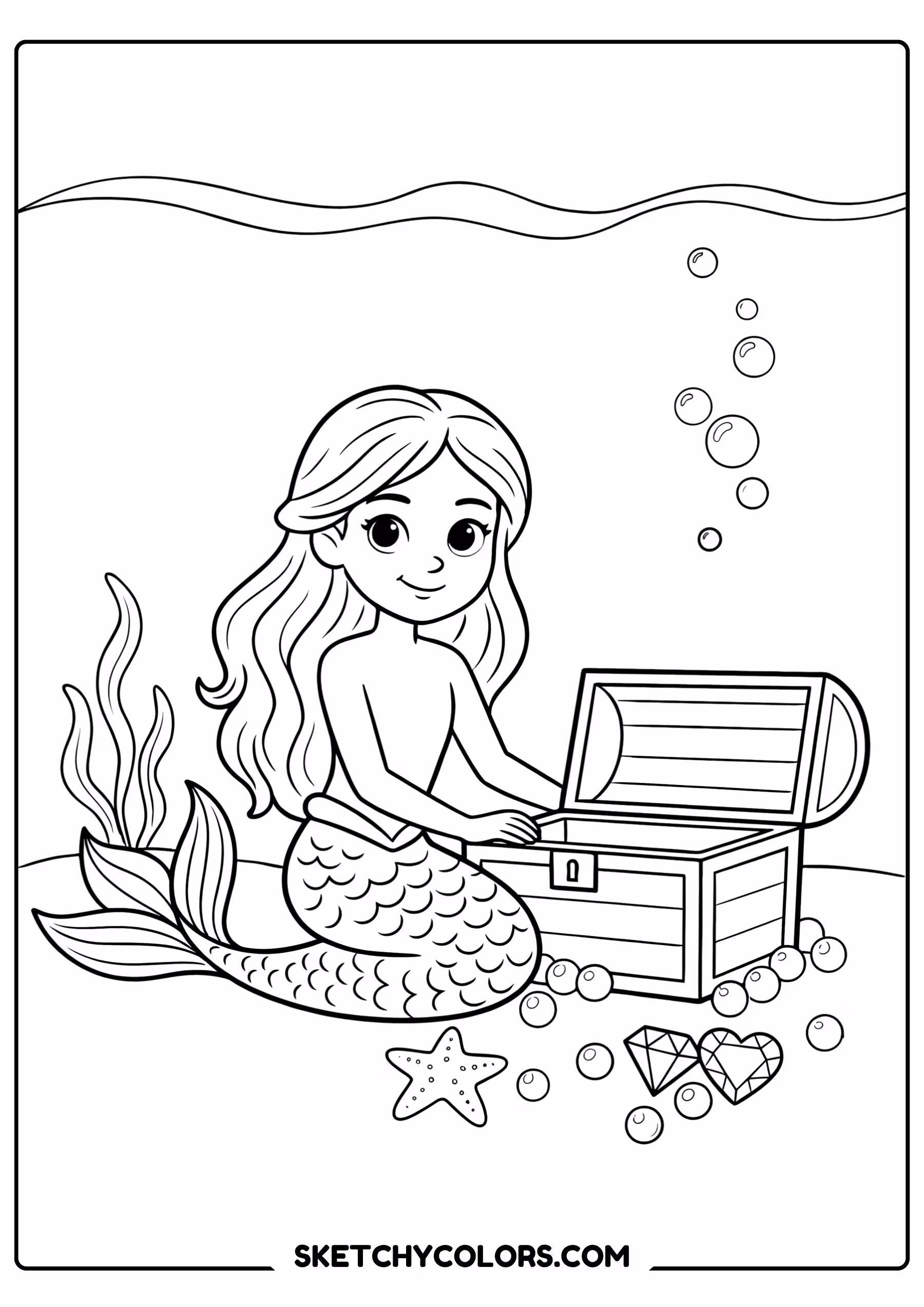 mermaid coloring page treasure chest pearls jewels underwater free printable pdf