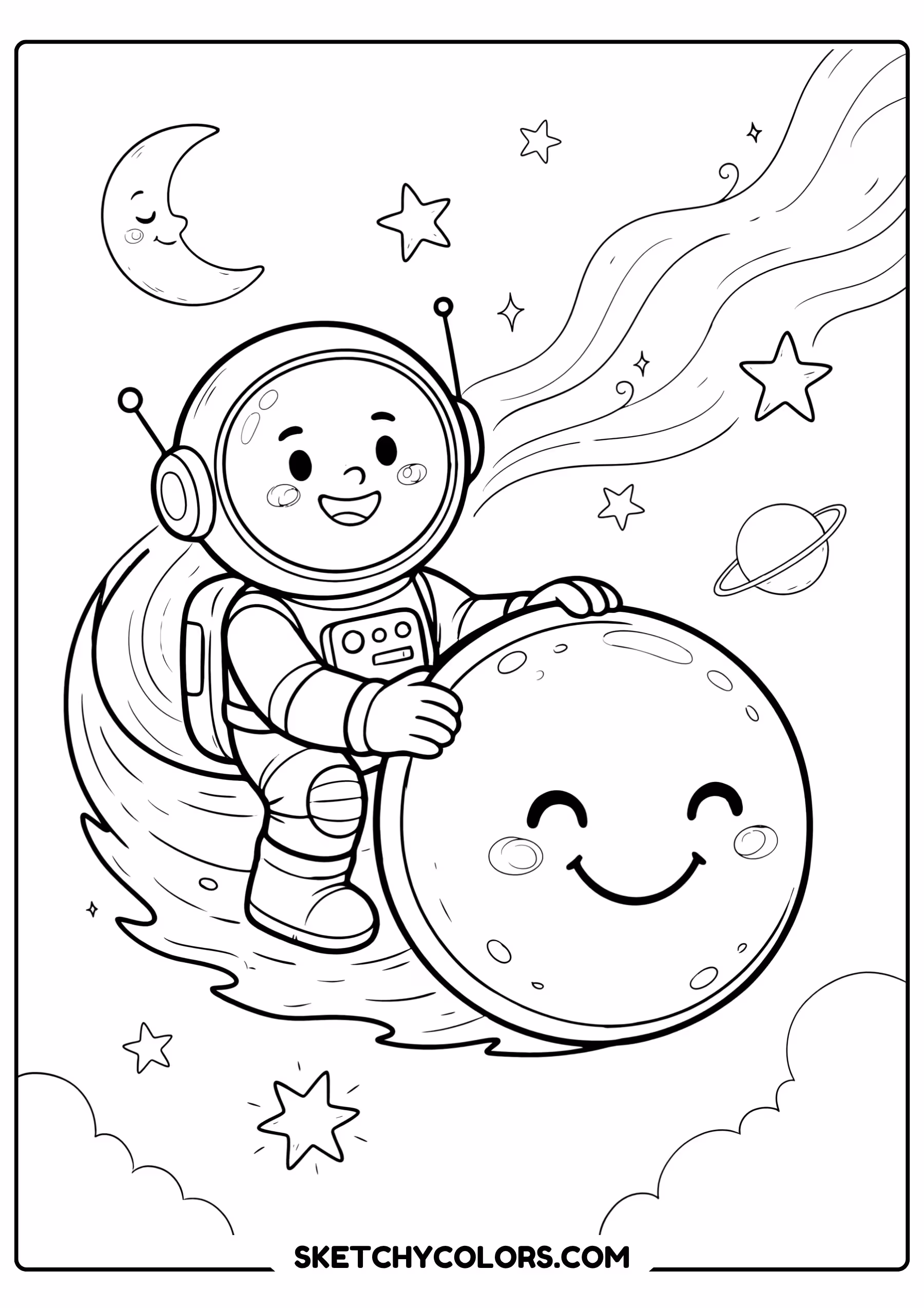 space coloring page astronaut riding comet tail free printable pdf